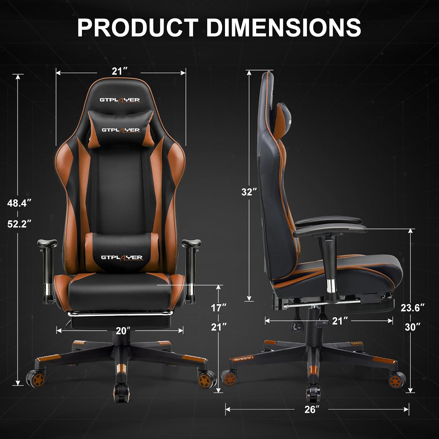 GTPLAYER Gaming Chair with Footrest, Ergonomic Computer Game Desk Chair, Recline Gaming Chair Seat Height Adjustment, Swivel Rocker with Headrest and Lumbar (Brown)