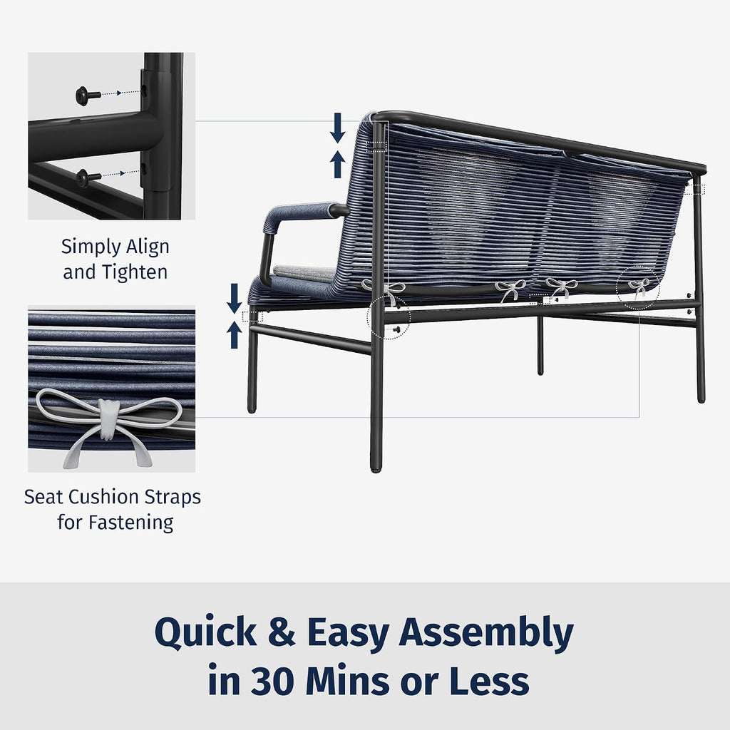 East Oak 4 Piece Patio Furniture Set, Outdoor Furniture with PE Wicker Rattan Chairs and Coffee Table, Modern Patio Conversation Set with Soft Pad for Garden, Backyard and Porch, Navy Blue