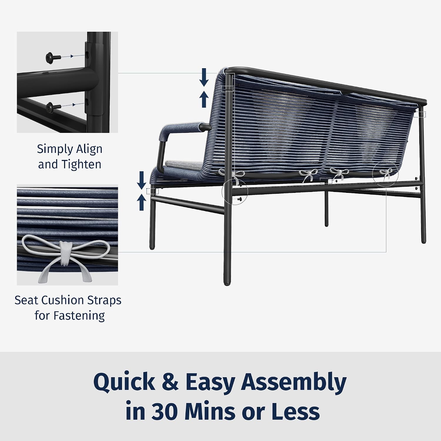East Oak 4 Piece Patio Furniture Set, Outdoor Furniture with PE Wicker Rattan Chairs and Coffee Table, Modern Patio Conversation Set with Soft Pad for Garden, Backyard and Porch, Navy Blue
