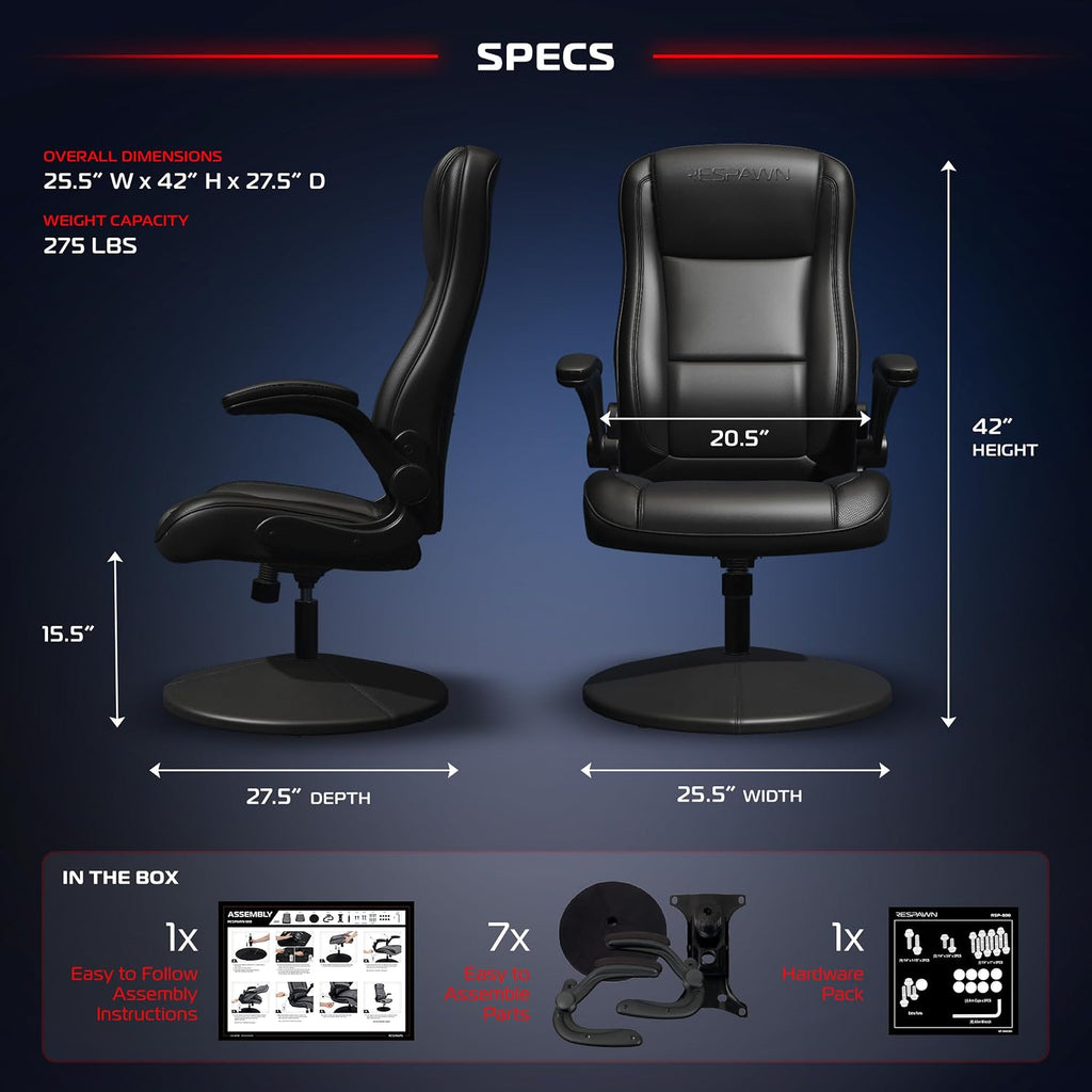 RESPAWN 800 Swivel Rocker Gaming Chair - Ergonomic Floor Gaming Seat with Lumbar Support, Flip Up Armrest, High Back, Pedestal Base, Comfortable No Wheels Console Video Game Rocker Chair - Black
