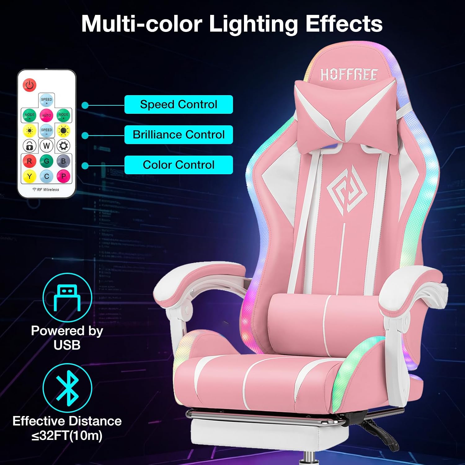 RGB Gaming Chair with Massage and LED Lights Ergonomic Computer Chair with Footrest High Back Reclining Video Game Chair with Adjustable Lumbar Support Light Pink and White