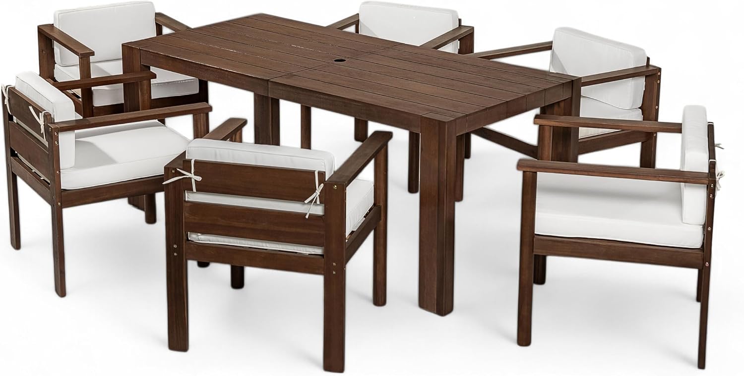 Merax 7-Piece Patio Dining Table Set,Outdoor Furniture Set with 72.8' Rectangle Table & 6 Chairs,Adjustable Leveling Feet,Umbrella Hole for Backyard,Garden,Poolside,Brown+ Beige