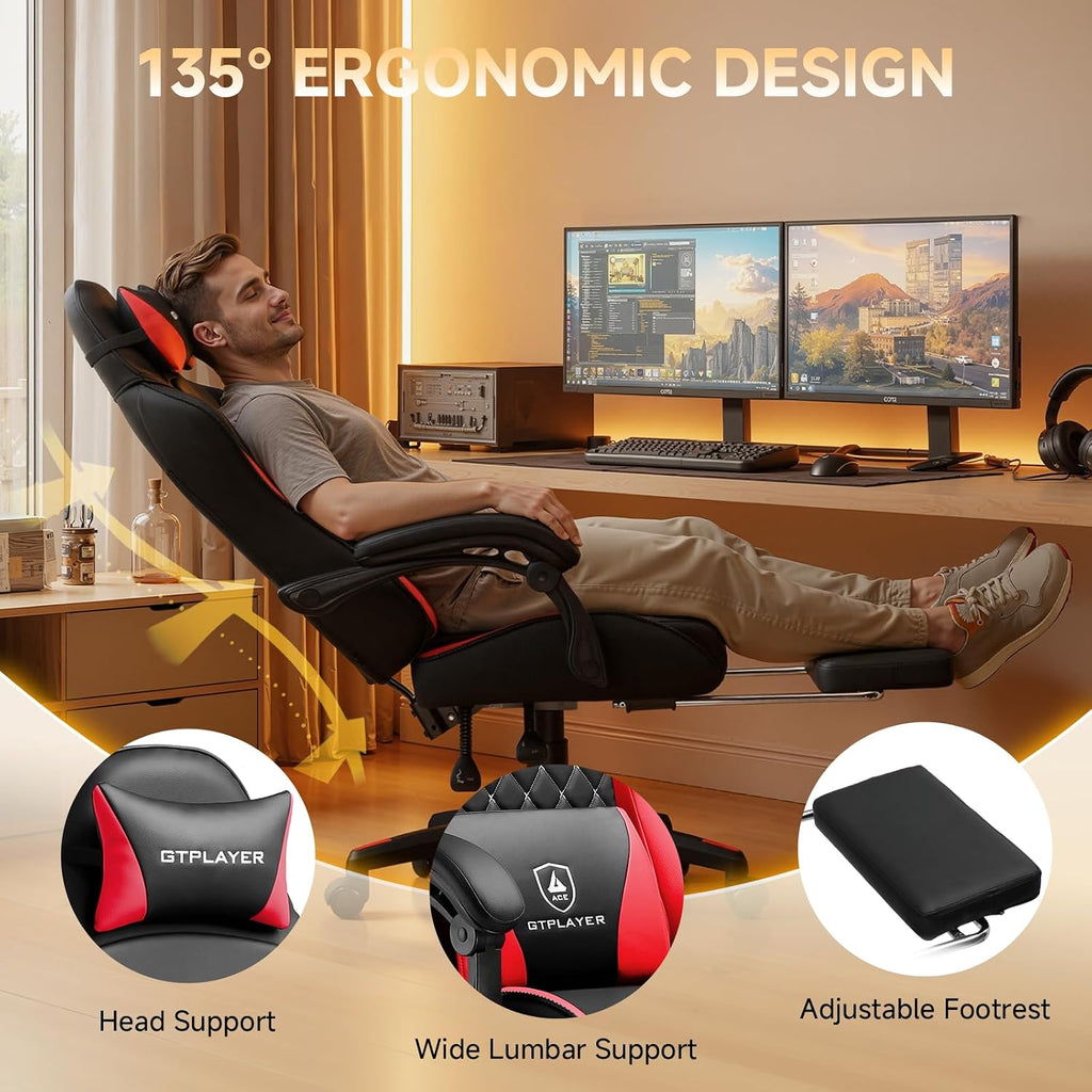 GTPLAYER Gaming Chair, High Back Leather Computer Gaming Chair with Footrest, Ergonomic Height Adjustable Office Chair with Removable Cover and Lumbar Support for Gaming and Work (Red)