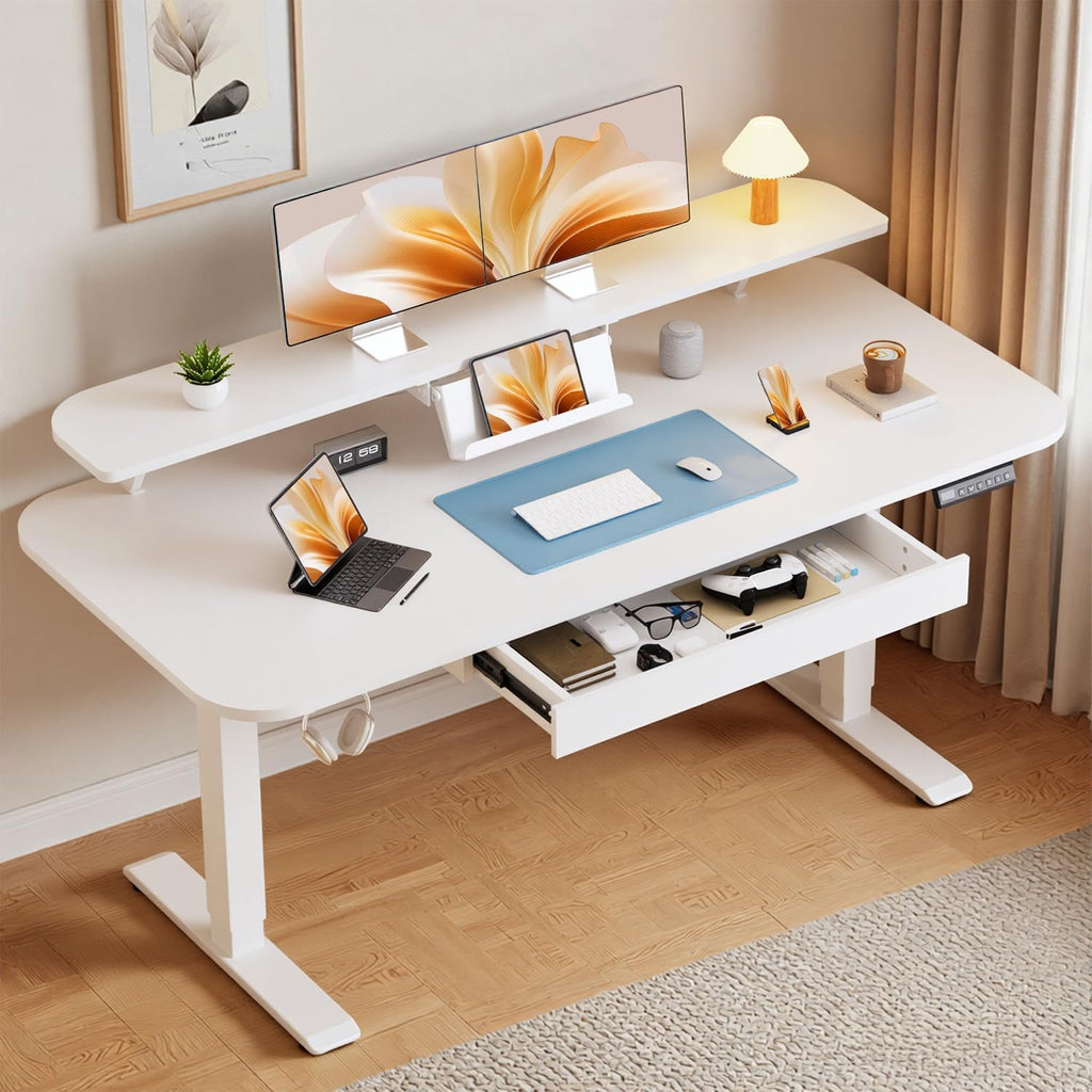GTPLAYER Electric Standing Desk with Drawers, 55 x 24 Inches Height Adjustable Computer Desk with Monitor Stand, Laptop Stand, Home Office Sit Stand Up Desk with Memory Preset, White