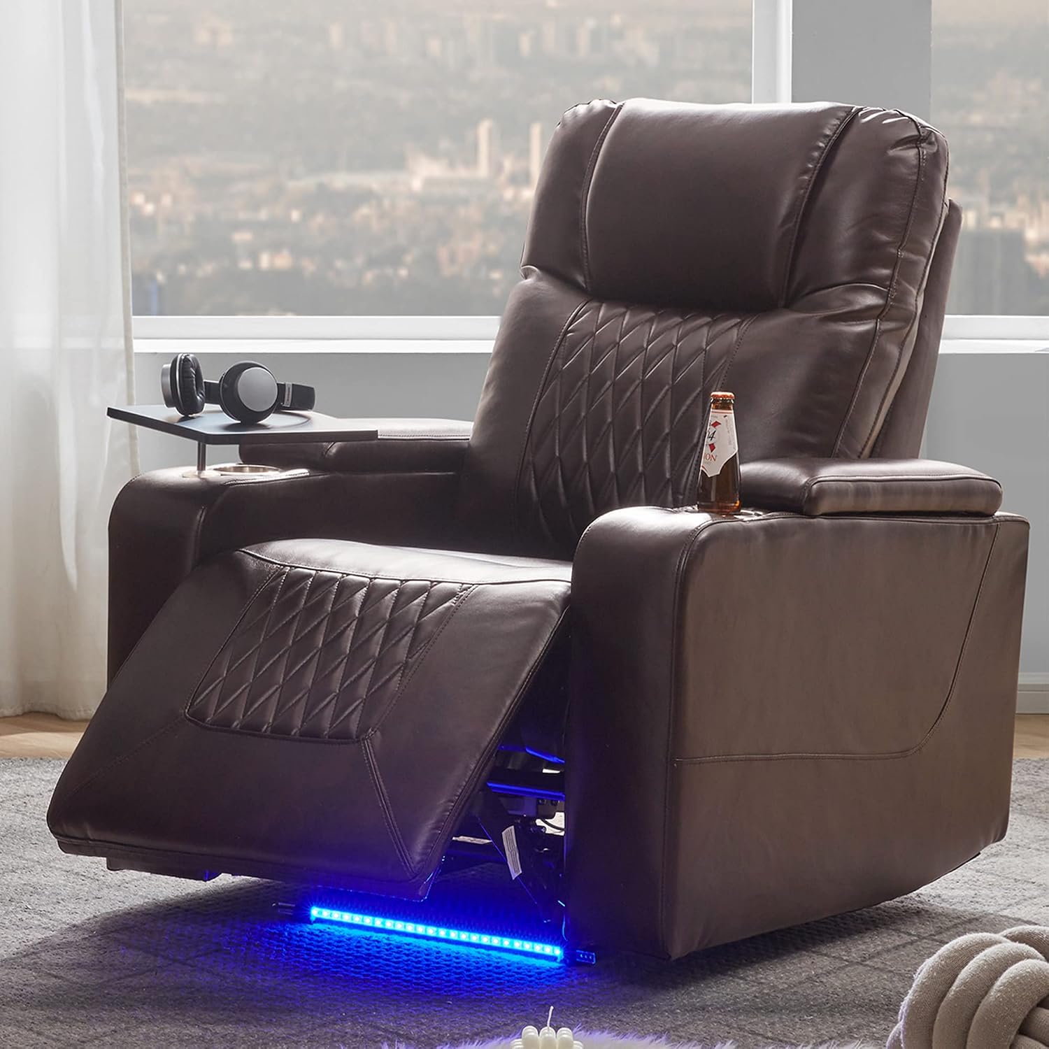 Merax Electric Recliner Chair with USB Charge Port, 360 Swivel Tray Table, Hand in-Arm Storage, and Cup Holders, Ambient Lighting - Ambient Lighting Gaming Recliner Chair Home Theater Seating