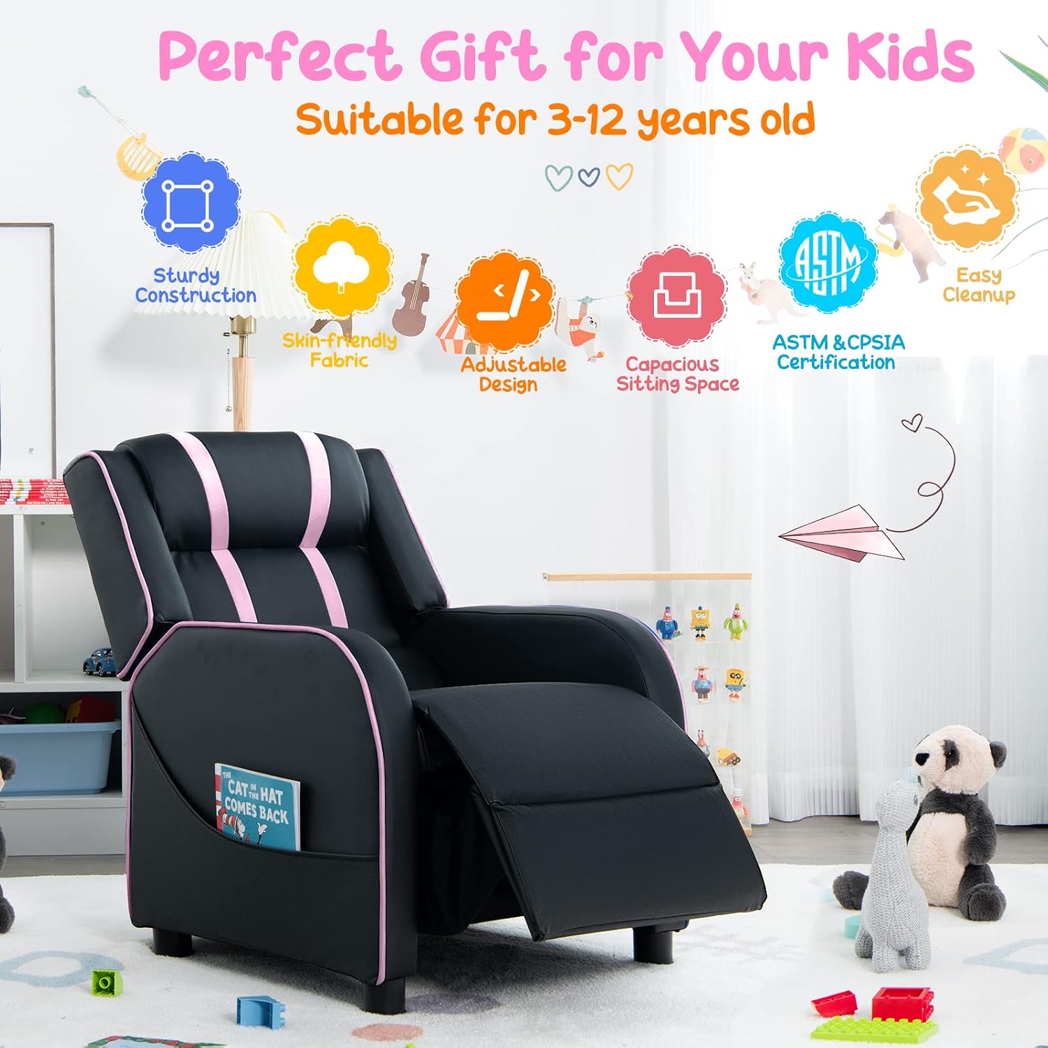 Costzon Kids Recliner, Gaming Recliner Chair w/Side Pockets, Footrest, Headrest & Lumbar Support for Kids Room & Play Room, Adjustable Racing Style Leather Sofa for Children Boys Girls (Pink, Black)