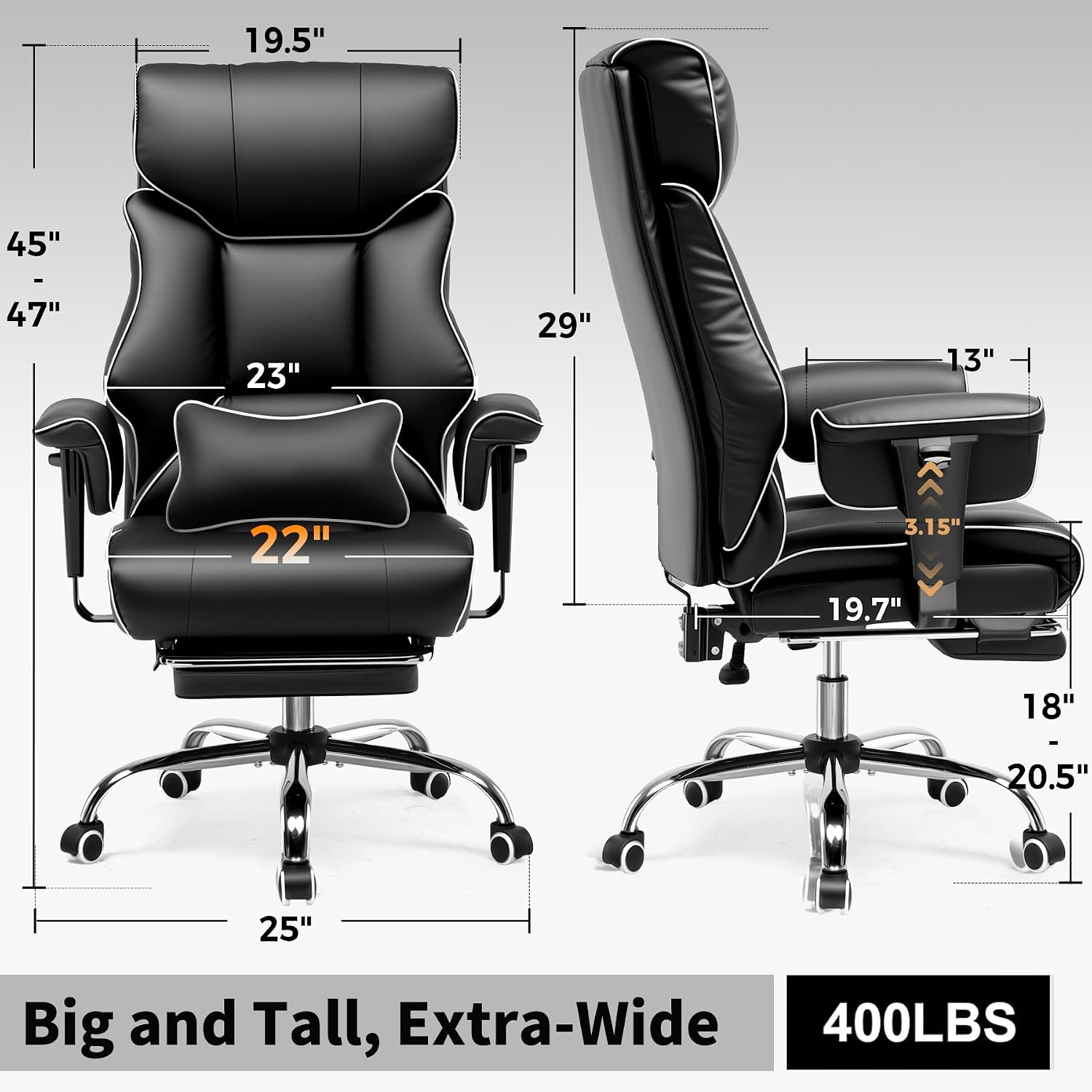 COMHOMA Big and Tall Office Chair 400lbs High Back Gaming Chair with Ergonomic Lumbar Support & Pocket Spring Cushion for Lower Back Pain Relief, Leather Executive Chair with Foot Rest, Iron Black