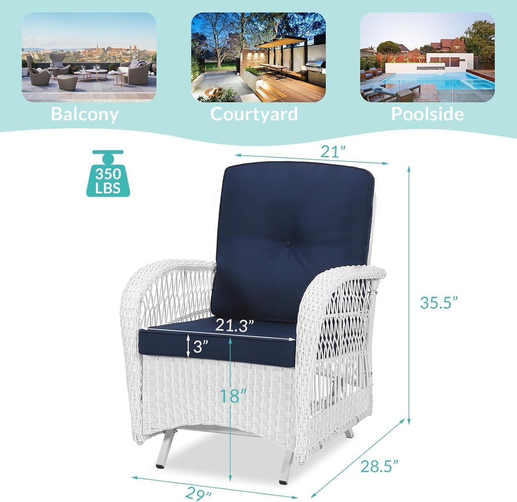 MEETWARM Patio Wicker Rocking Glider Set, All-Weather Outdoor Rattan Patio Rocking Chairs of 2, Patio Conversation Set with Thickened Cushions for Porch Backyard & Garden, White Wicker/Navy
