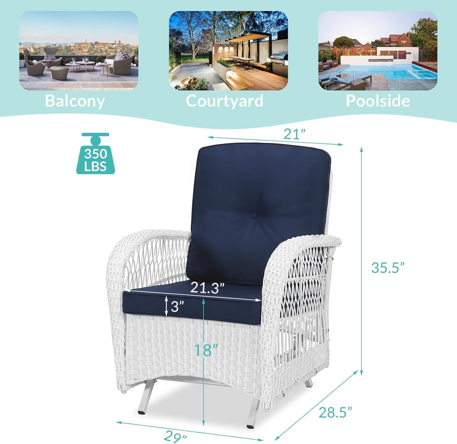 MEETWARM Patio Wicker Rocking Glider Set, All-Weather Outdoor Rattan Patio Rocking Chairs of 2, Patio Conversation Set with Thickened Cushions for Porch Backyard & Garden, White Wicker/Navy