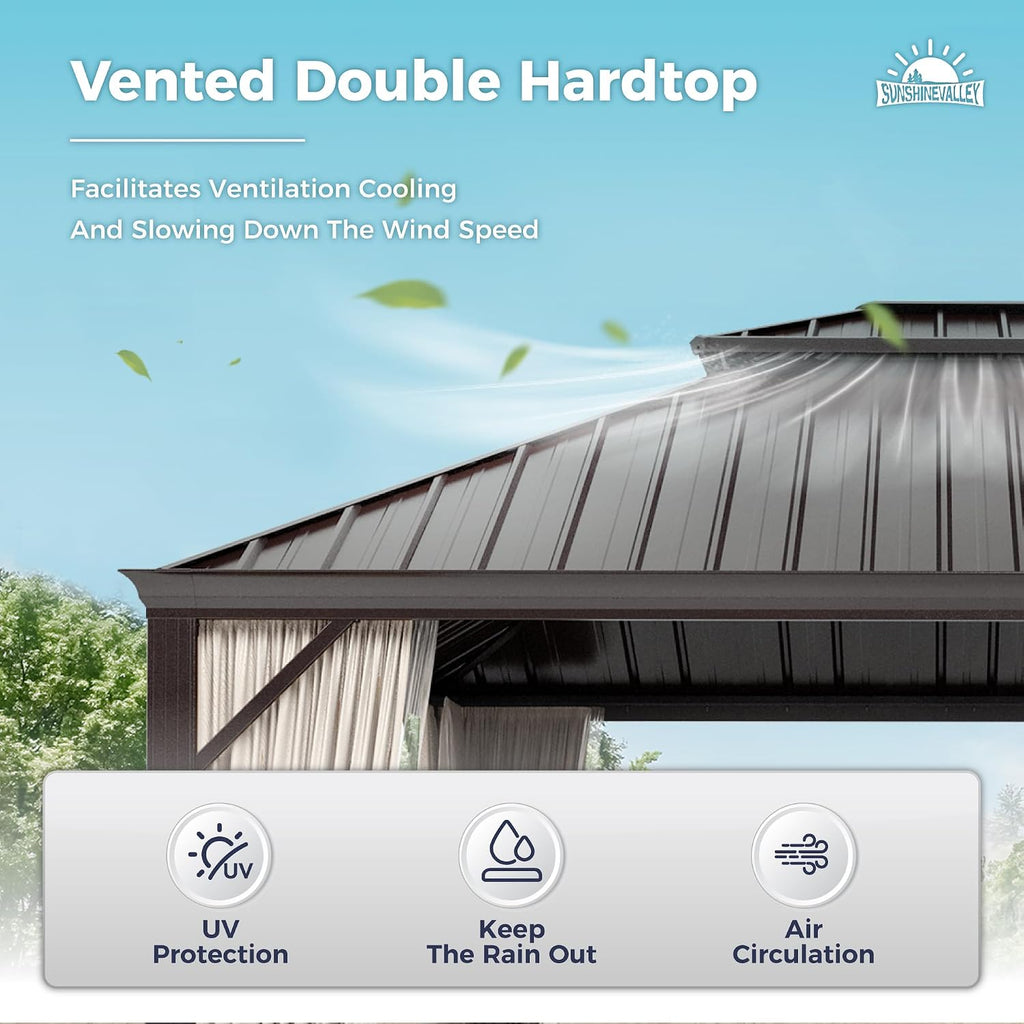 SUNSHINE VALLEY 12'x18' Hardtop Gazebo, Permanent Aluminum Outdoor Gazebo with Galvanized Steel Double Roof & Gutter System, Heavy Duty Patio Pavilion Canopy with Netting and Curtains for Deck, Garden