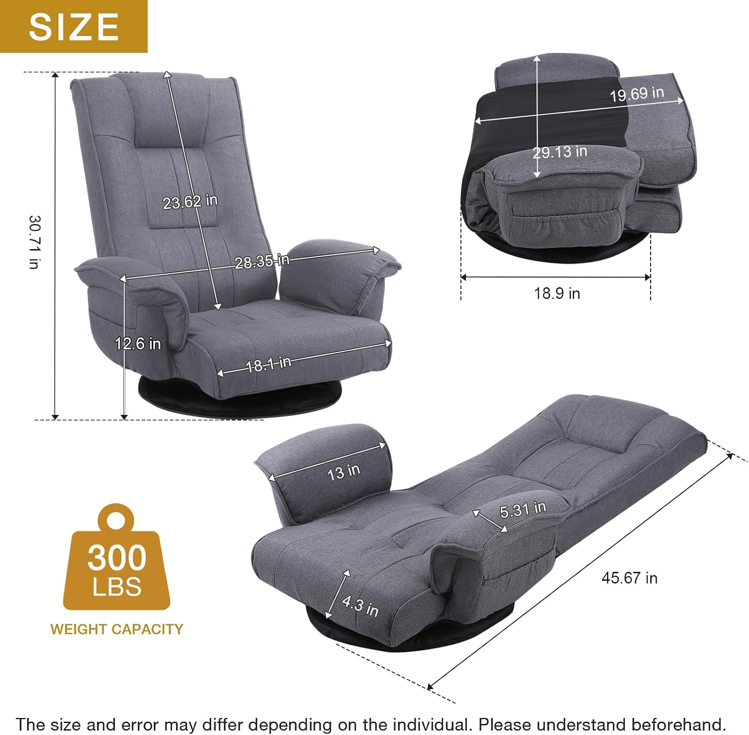 Ergonomic Swivel Floor Gaming Chair with Armrests & Side Pockets, 6-Position Reclining Sofa Bed, Foldable Padded Lounger with Thick Cushion & Lumbar Support for Esports, Reading, TV Watching (Grey)
