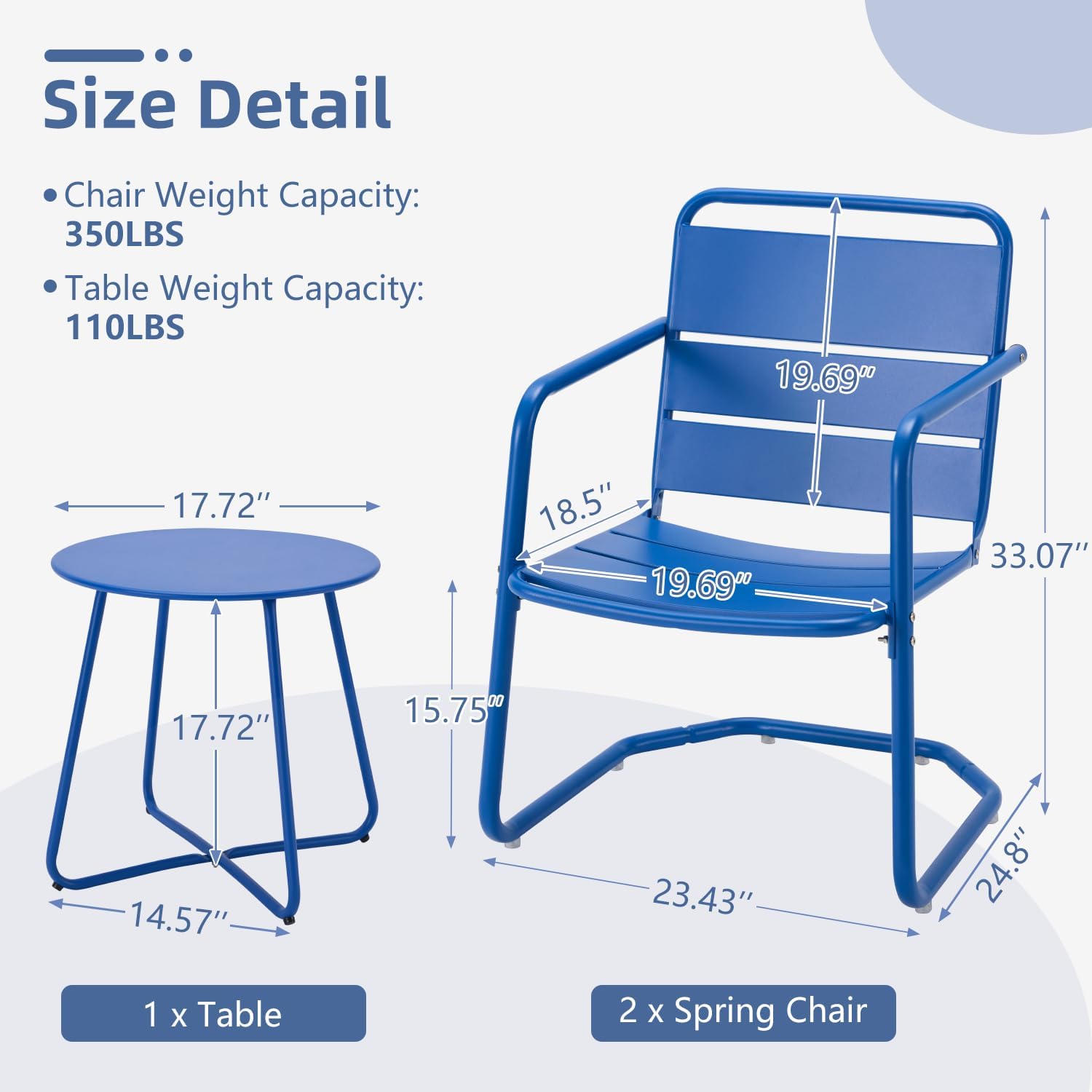 MELLCOM 3 Piece Patio Set, Small Patio Furniture Set - 2 C-Spring Metal Chairs with Round Side Table, Outdoor Bistro Set for Balcony, Front Porch, Poolside, Deck, Indoor, Blue