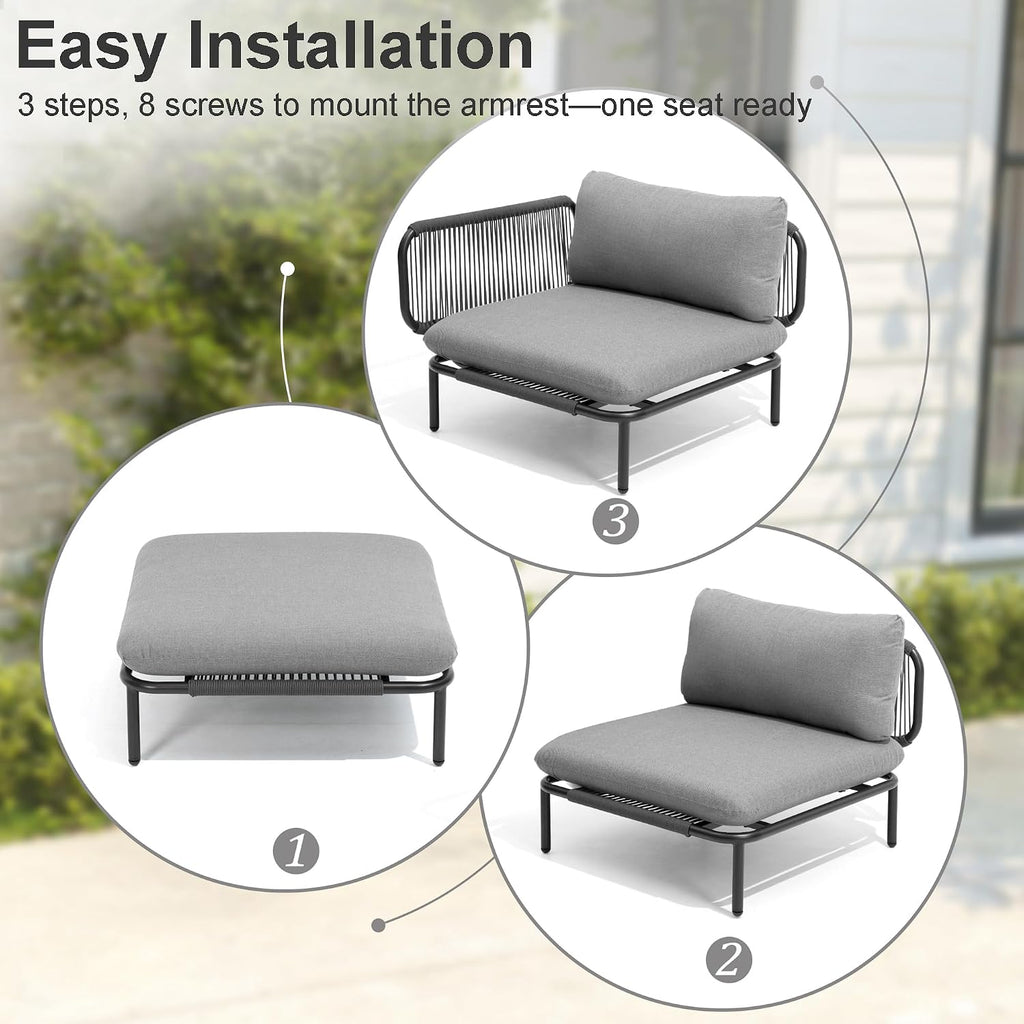 4 Piece Modern Outdoor Sectional Sofa, 31' Oversized Patio Furniture Set with Olefin Woven Rope, Weather-Resistant Metal Frame and Removable Cushion, Dark Grey