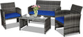 Goplus 4-Piece Rattan Patio Furniture Set, Outdoor Wicker Conversation Sofa with Weather Resistant Cushions and Tempered Glass Tabletop for Lawn Backyard Pool Garden (Blue)