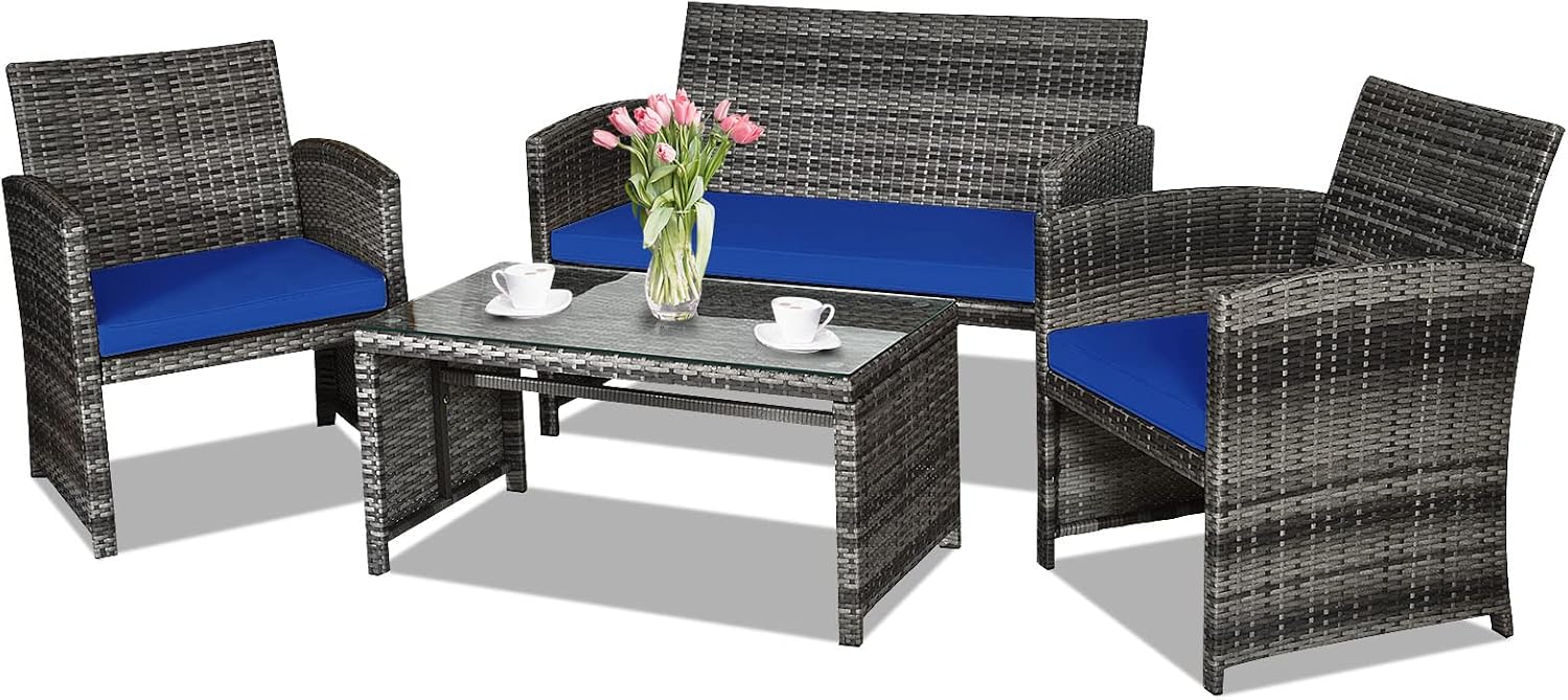 Goplus 4-Piece Rattan Patio Furniture Set, Outdoor Wicker Conversation Sofa with Weather Resistant Cushions and Tempered Glass Tabletop for Lawn Backyard Pool Garden (Blue)
