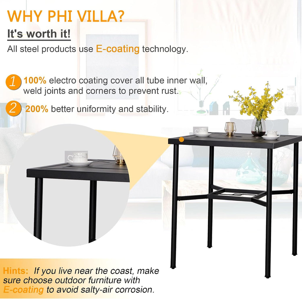 PHI VILLA 5 Piece Patio Bar Hight Dining Set for 4, Outdoor Bar Set with 4 Swivel Cushioned Bar Stools and 1 Square Metal Bar Table(1.9' Umbrella Hole) for Lawn Garden