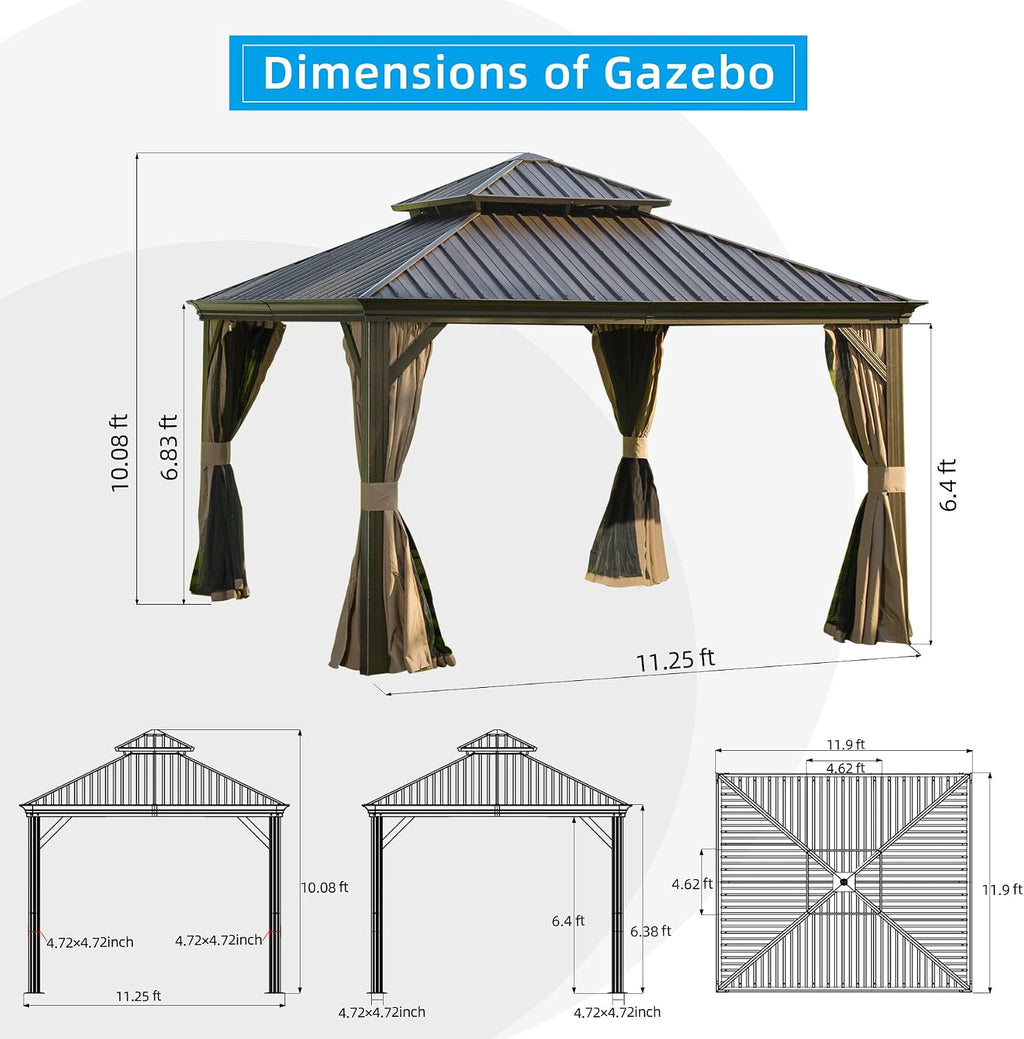 Domi Hardtop Gazebo 12x12FT, Outdoor Gazebo with Galvanized Steel Double Roof, Aluminum Frame, Built-in Gutter System, Curtain and Netting, Metal Gazebo Pavilion for Patio Deck Garden, Brown