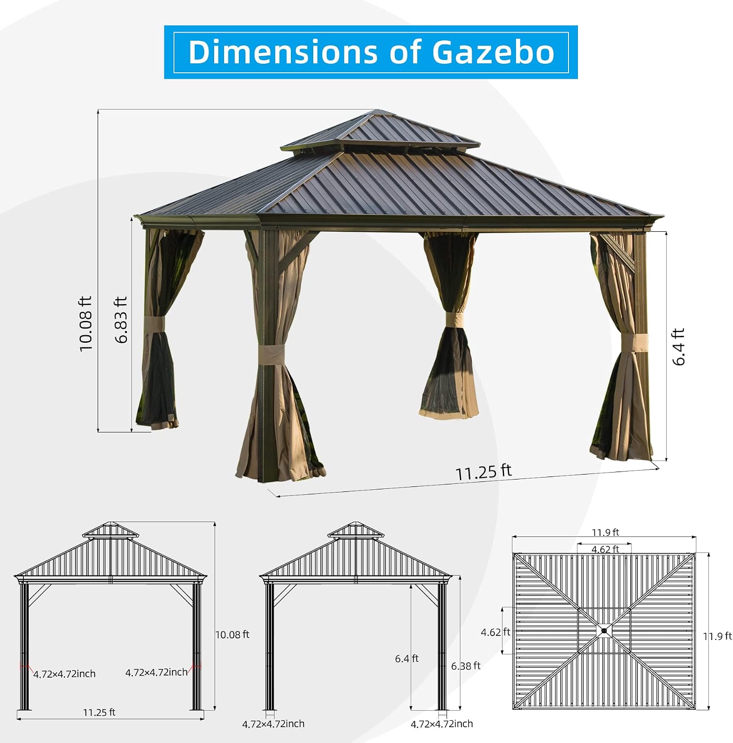 Domi Hardtop Gazebo 12x12FT, Outdoor Gazebo with Galvanized Steel Double Roof, Aluminum Frame, Built-in Gutter System, Curtain and Netting, Metal Gazebo Pavilion for Patio Deck Garden, Brown