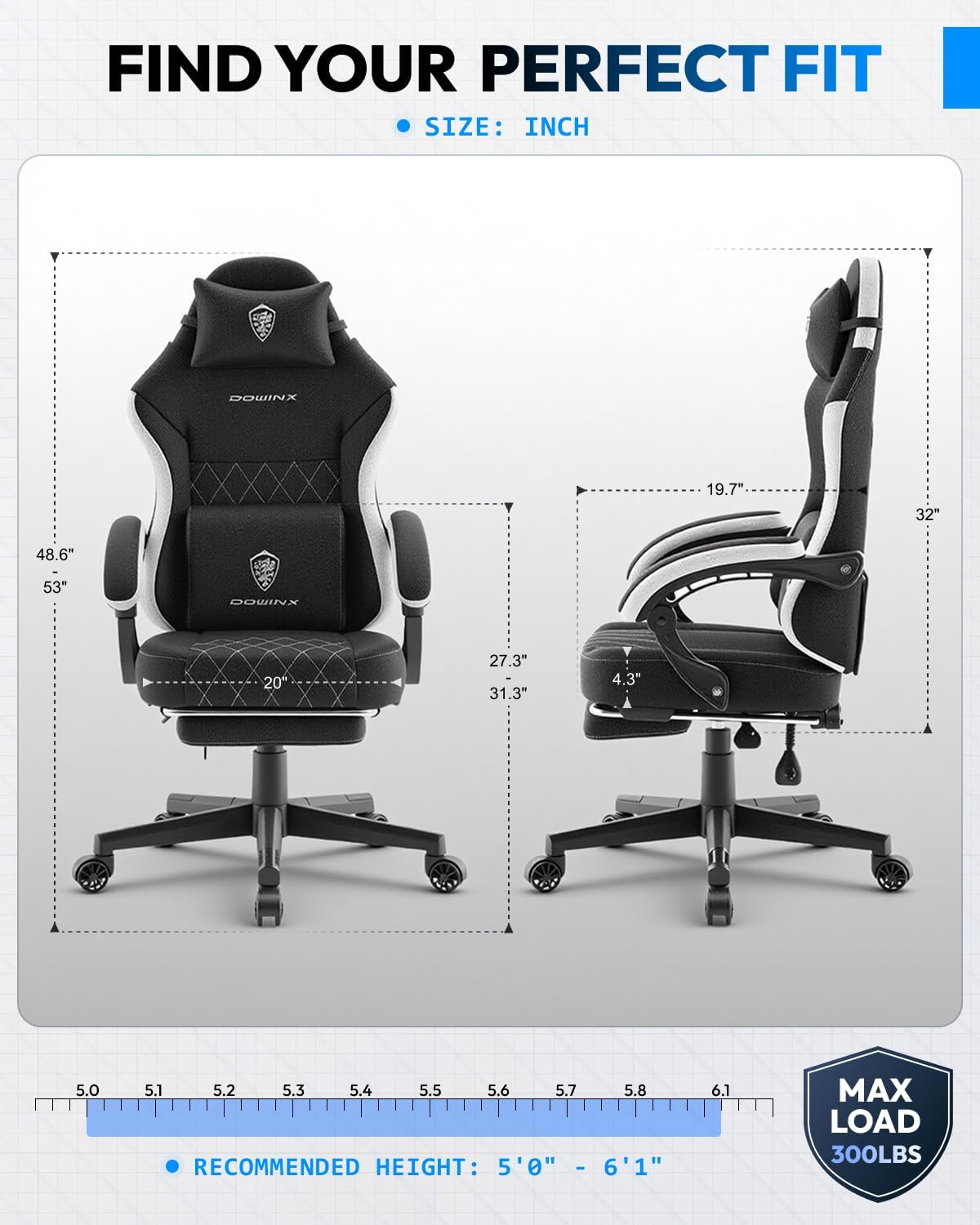 Dowinx Gaming Chair, Fabric Gaming Chairs for Adults with Pocket Spring Cushions and Lumbar Support, Ergonomic Massage Office Chair High Back with Footrest and Linkage Armrests, Black