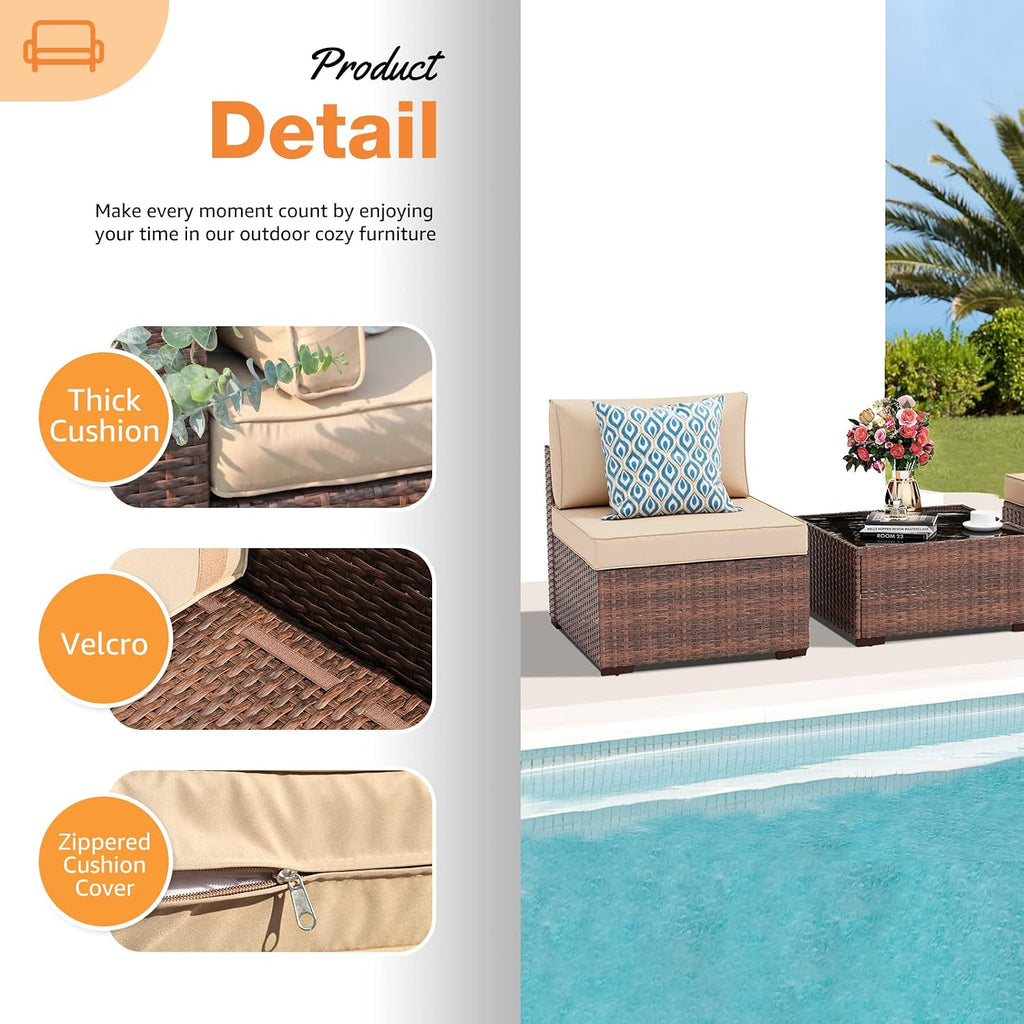 Patiorama 3 Piece Patio Furniture Set, Outdoor Sectional Sofa, PE Wicker Rattan Conversation Set, All Weather Armless Chair and Ottoman with Coffee Table, Brown Wicker Beige Cushion