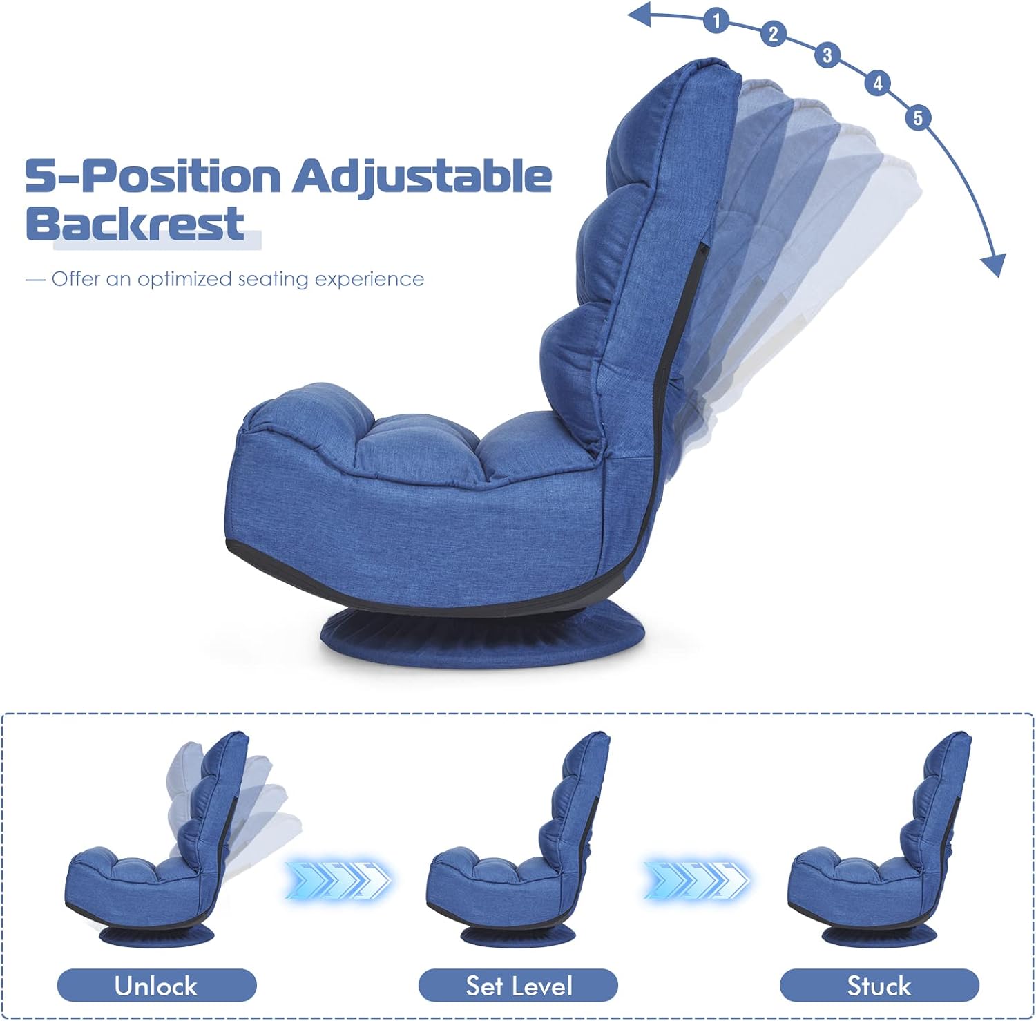 COSTWAY Folding Floor Chair, Adjustable 5-Position Video Gaming Chair with 360 Degree Swivel, Detachable Cover, Padded Backrest, Multipurpose Living Room Floor Lounger for TV, Reading, Playing (Navy)
