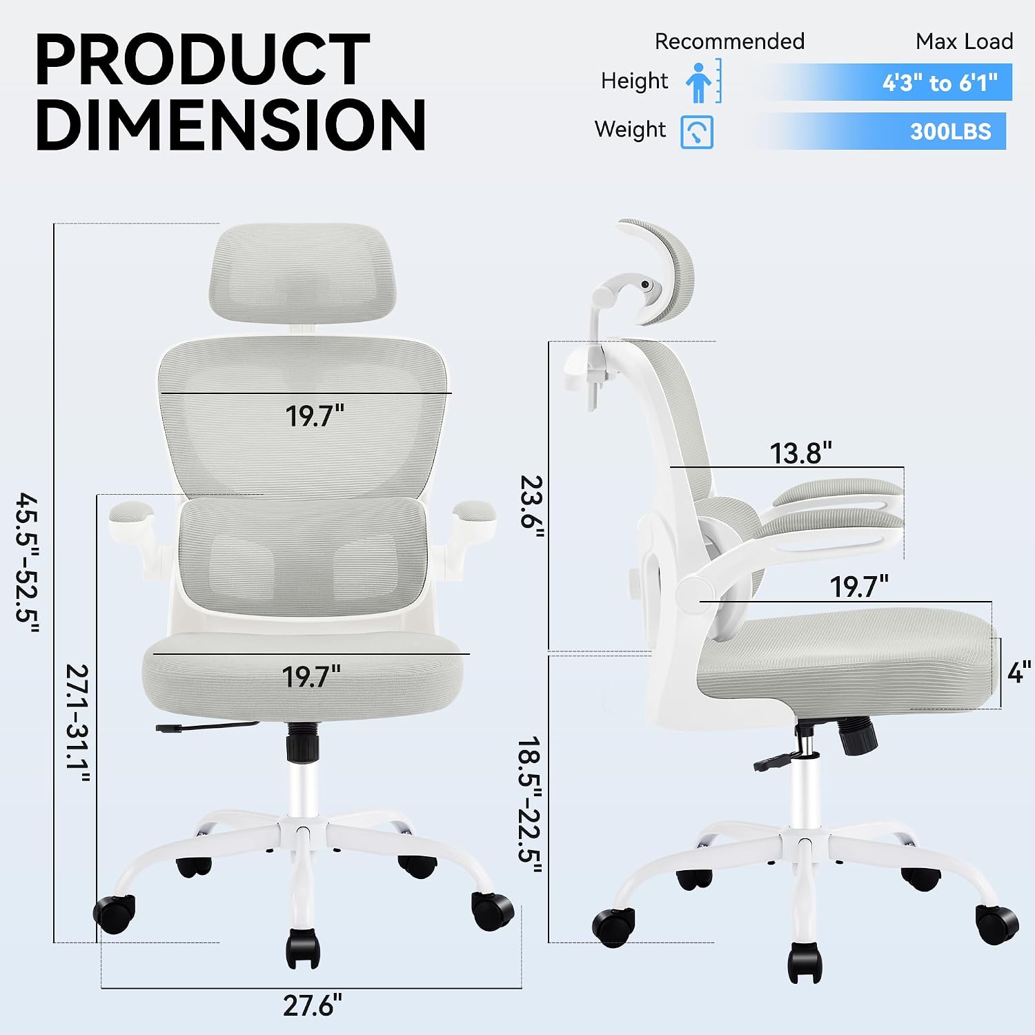 AreShark Office Chair Ergonomic Desk Chairs with Adjustable Lumbar Support& Headrest Hanger, High Back Breathable Mesh Chair with Wheels, Rolling Swivel Comfy Task Computer Chair for Home Work Gaming