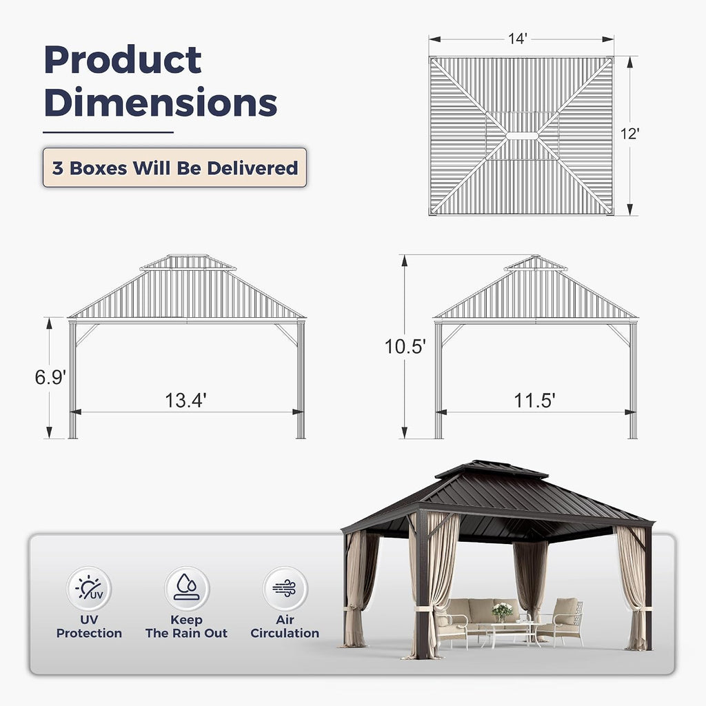 SUNSHINE VALLEY 12'x14' Hardtop Gazebo, Permanent Aluminum Outdoor Gazebo with Galvanized Steel Double Roof & Gutter System, Heavy Duty Patio Pavilion Canopy with Netting and Curtains for Deck, Garden