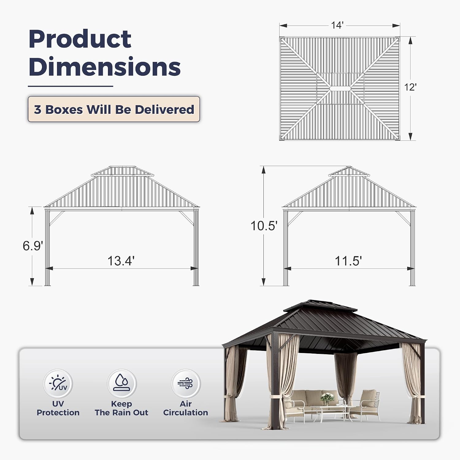 SUNSHINE VALLEY 12'x14' Hardtop Gazebo, Permanent Aluminum Outdoor Gazebo with Galvanized Steel Double Roof & Gutter System, Heavy Duty Patio Pavilion Canopy with Netting and Curtains for Deck, Garden