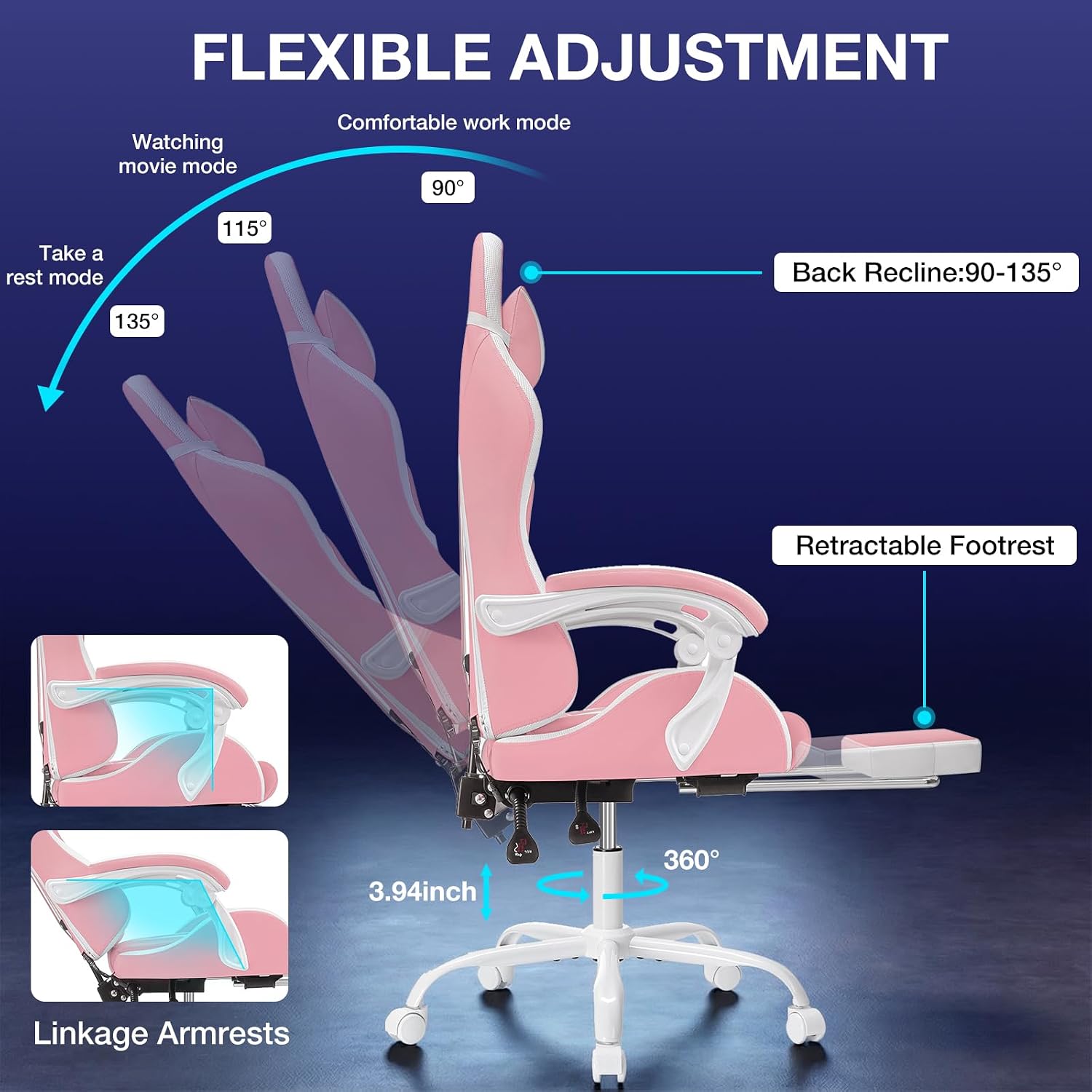 RGB Gaming Chair with Massage and LED Lights Ergonomic Computer Chair with Footrest High Back Reclining Video Game Chair with Adjustable Lumbar Support Light Pink and White