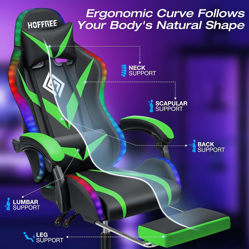 HOFFREE Gaming Chair with LED RGB Lights Massage Ergonomic Video Game Chairs with Footrest High Back Reclining Computer Chair with Adjustable Lumbar Support Green and Black