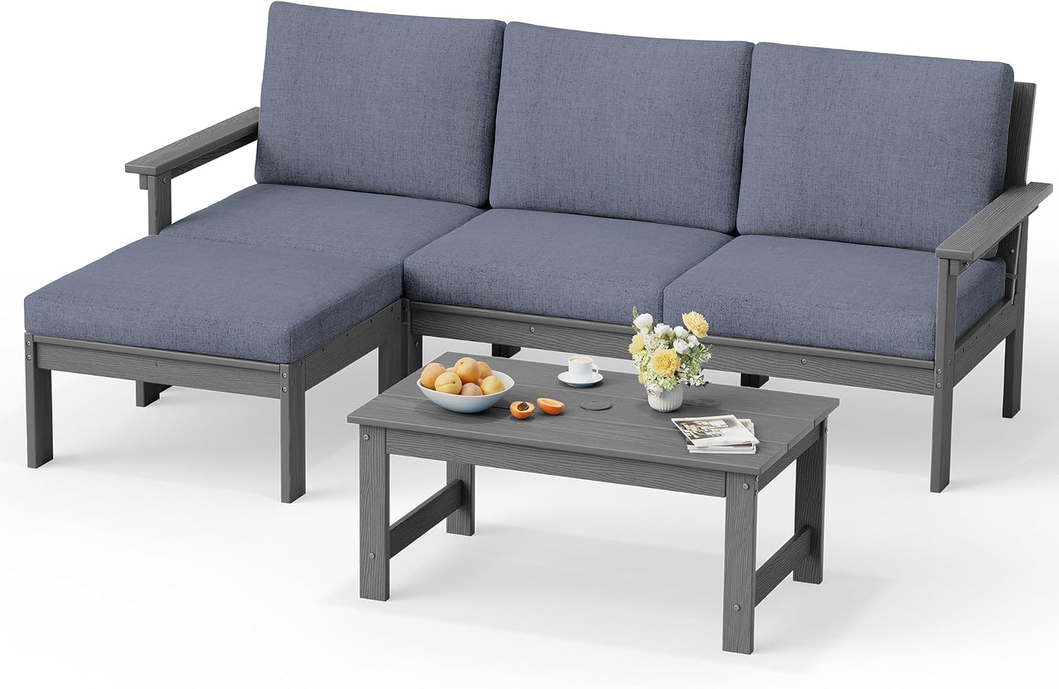 SERWALL Outdoor Sectional Sofa Set, 5-piece Outdoor Modula Couch Set with Ottoman, All Weather Patio Furniture Set with Chaise for Deck, Lawn, Gray Frame with Gray Cushion