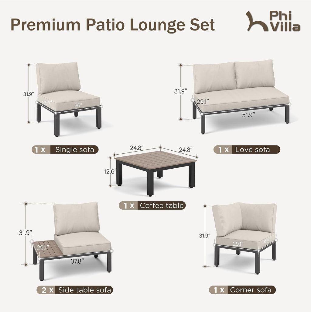 PHI VILLA 6 Pieces Outdoor Patio Furniture Set,Metal Frame Modern Outdoor Sectional Sofa Set,6 Seats Patio Conversation Sets with Coffee Table&Thickened Cushion,for Poolside and Backyard,Light Grey
