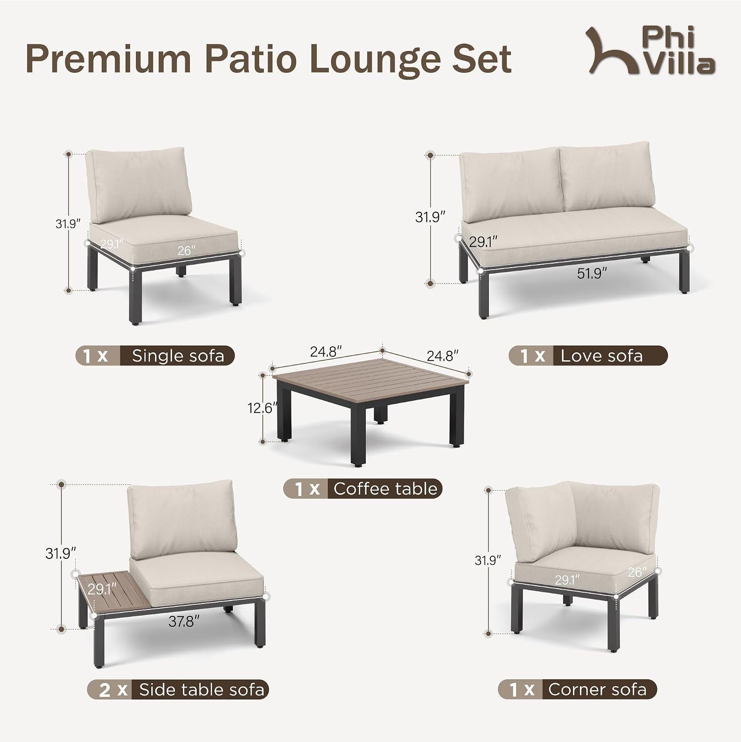 PHI VILLA 6 Pieces Outdoor Patio Furniture Set,Metal Frame Modern Outdoor Sectional Sofa Set,6 Seats Patio Conversation Sets with Coffee Table&Thickened Cushion,for Poolside and Backyard,Light Grey