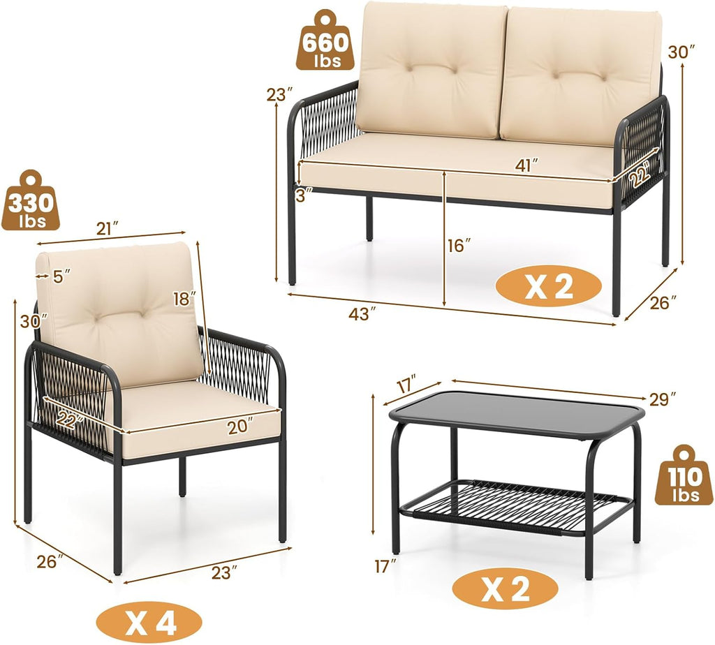 Tangkula 8 Pieces Patio Furniture Set, PE Rattan Sofa Chairs with Loveseat, Tempered Glass Coffee Table and Soft Cushions, Outdoor Conversation Set for Porch, Backyard, Garden and Poolside