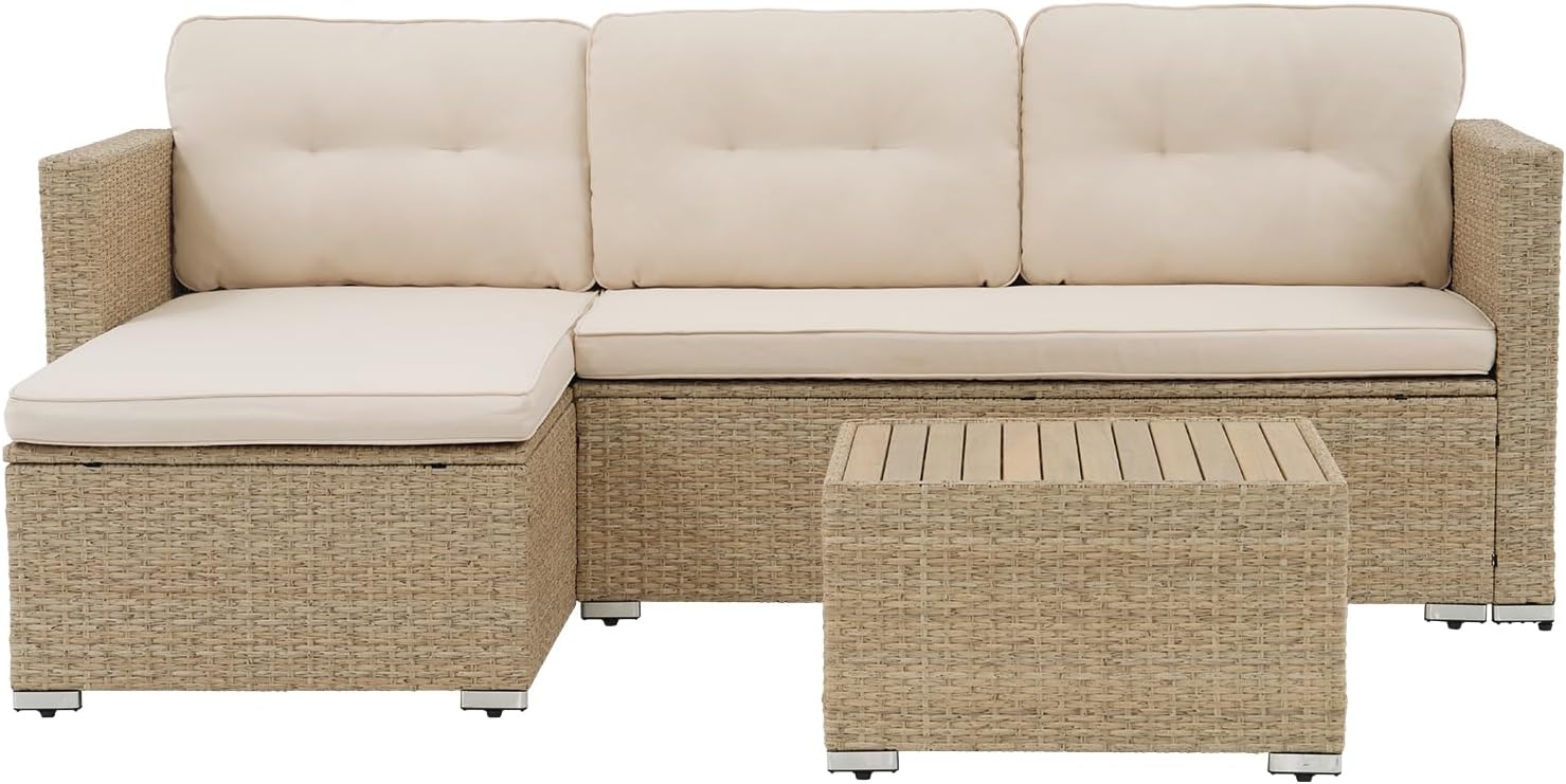 JOIVI 3 Piece Patio Furniture Set, L Shaped Wicker Rattan Outdoor Sectional Couch Conversation Set with Cushions & Wooden Top Coffee Table, All Weather Patio Sofa Set for Balcony or Porch, Beige