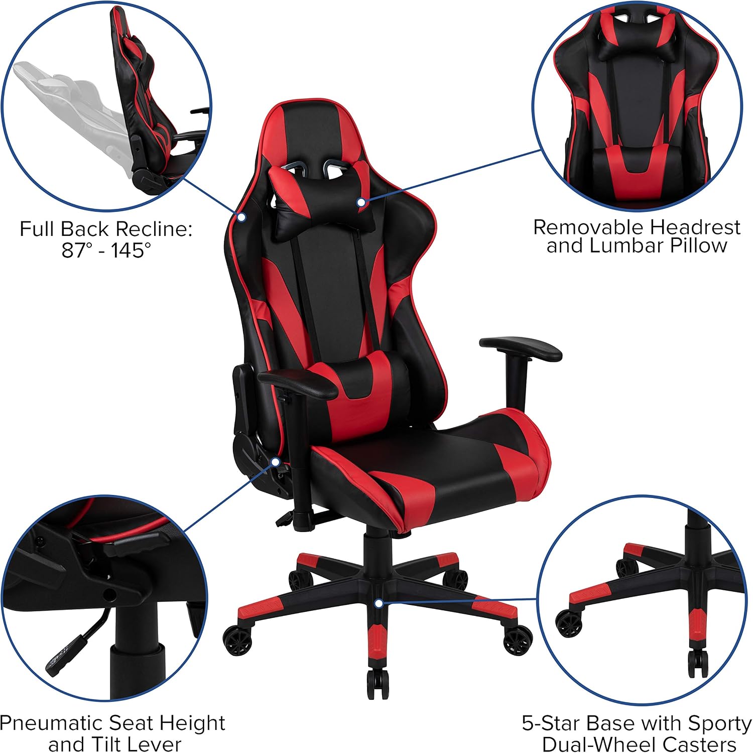 Flash Furniture X20 Fully Reclining LeatherSoft Racing Style Gaming Chair with and Lumbar Pillows, Ergonomic Padded Swivel Computer Chair, Red/Black
