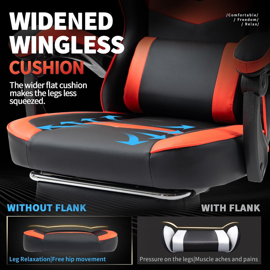 Gaming Chair with Footrest for Adults - Ergonomic Gaming Chairs with Foot Rest - Big and Tall Computer Game Chair - PU Leather Reclining Video Game Chairs with Spring Cushion - Black/Red