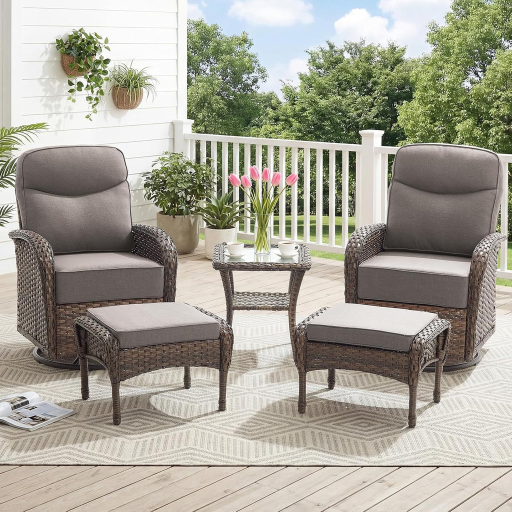 Outdoor Swivel Rocking Chair Patio Set (5-Piece), High-Back - Thick Cushion Swivel Rocking Chair Patio Set, All-Weather Wicker Patio Furniture Set, Suitable for Balcony Patios, Brown/Gery