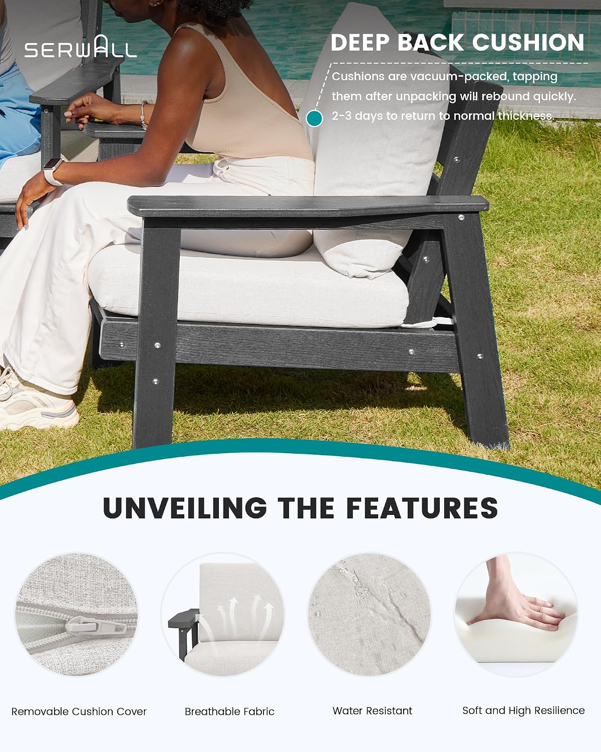 SERWALL HDPE Outdoor Patio Loveseat, All Weather Wood-Like Outdoor Sofa HDPE Outdoor Furniture, Grey Frame and Khaki Cushion