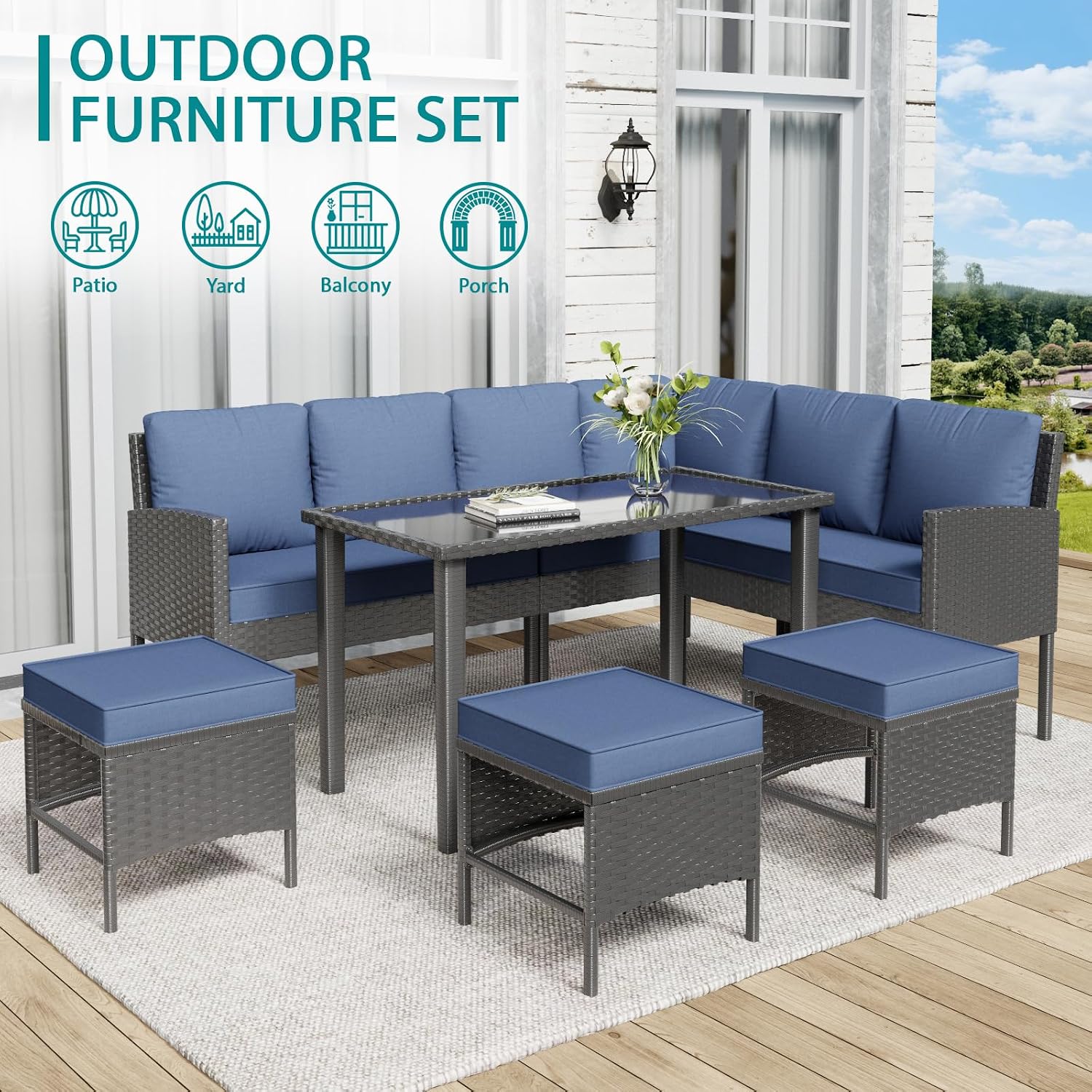 7-Piece Patio Furniture Set, All-Weather Wicker Sectional Sofa with Seat & Back Cushions, Long Glass Coffee Table, Outdoor Rattan Conversation Set for Garden, Porch, Lawn, Blue