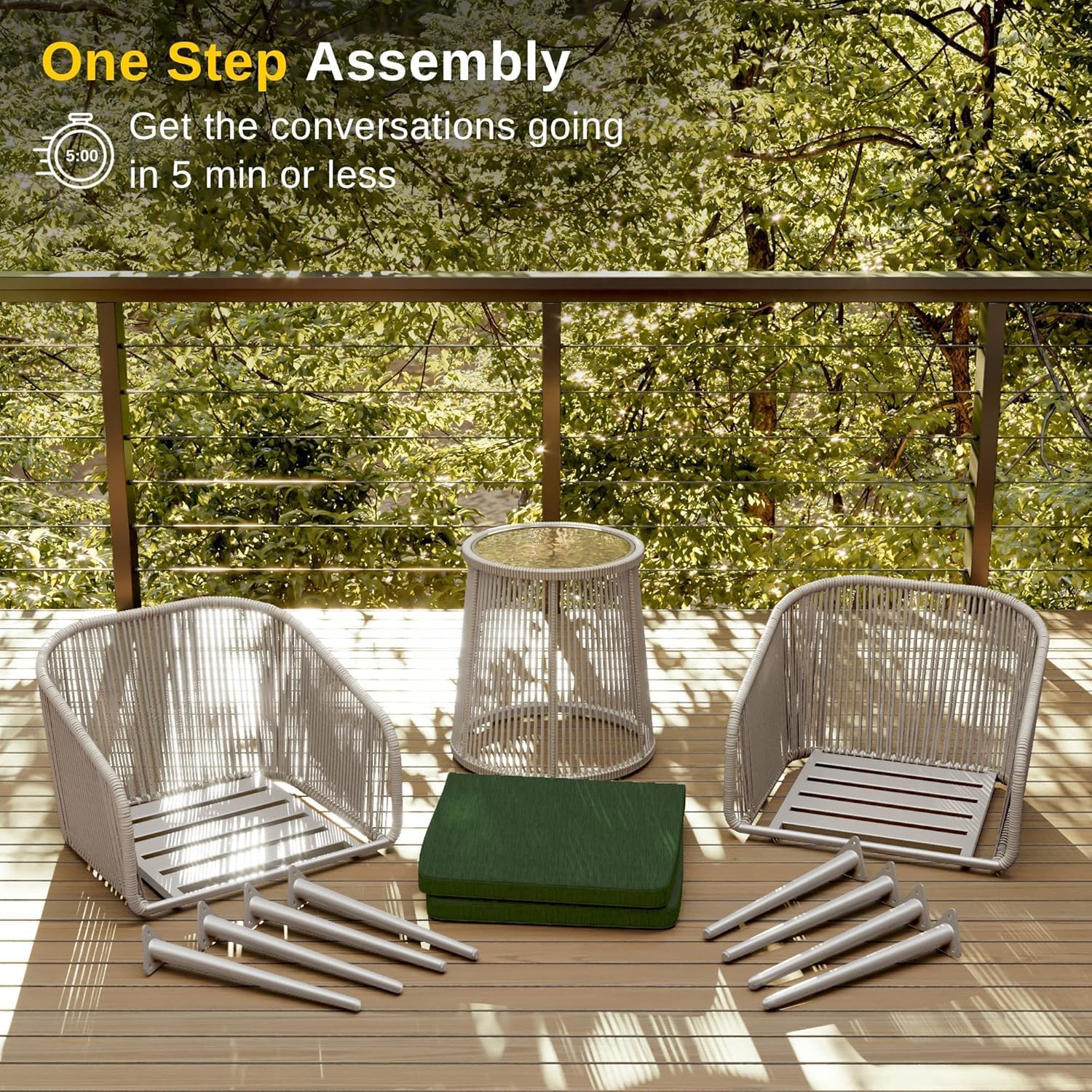 East Oak 3-Piece Patio Bistro Set, Patio Conversation Set with 2 Wide Ergonomic Chairs, Cushions & Glass Top Side Table, Outdoor All-Weather Wicker Furniture for Porch, Upgrade Ivory & Jungle Green