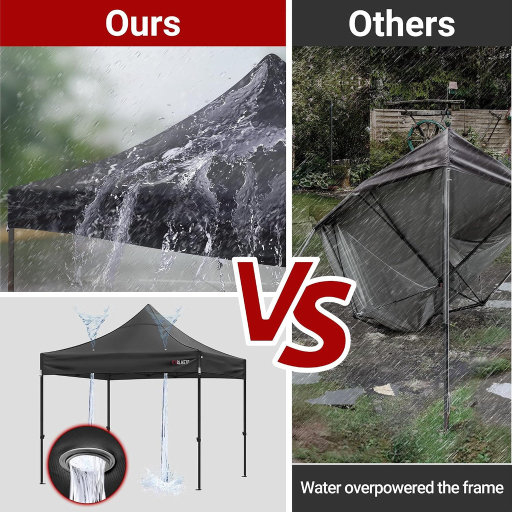 Heavy Duty Pop Up Canopy Tent-8 Drainage Holes,Waterproof & UPF 50+,4 Sandbags,8 Stakes for Commercial,Outdoor Events Instant Set Up,(Black 10x10)