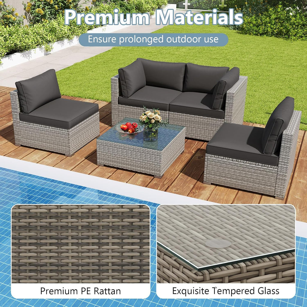 Tangkula 10-Piece Outdoor Patio Sectional Sofa Couch, PE Rattan Conversation Set w/Glass Coffee Table & Cushions, Outdoor Furniture Set w/Sturdy Metal Frame for Garden Poolside Backyard