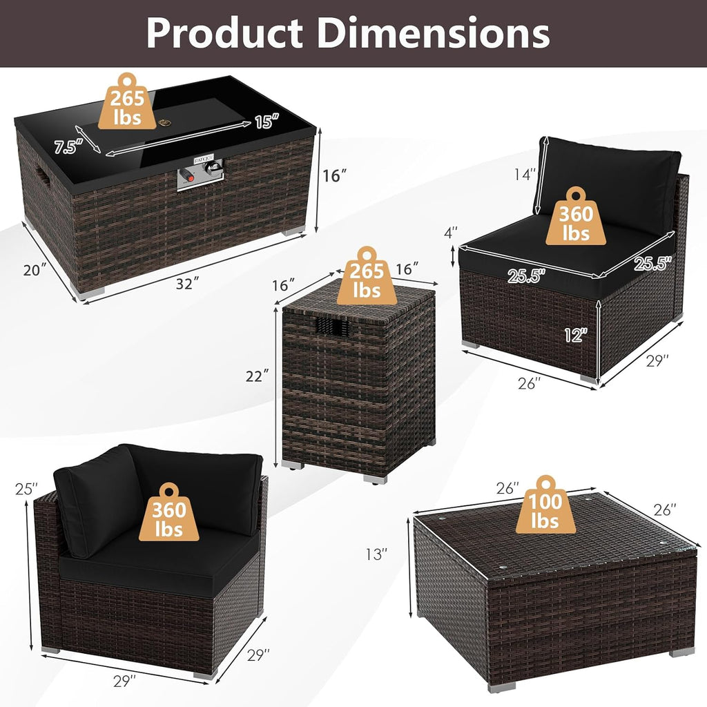 Tangkula 7 Pieces Wicker Patio Furniture Set with 40,000 BTU Gas Fire Pit Table & Propane Tank Cover Table & Glass Top Coffee Table, for Garden, Backyard and Poolside (Black)