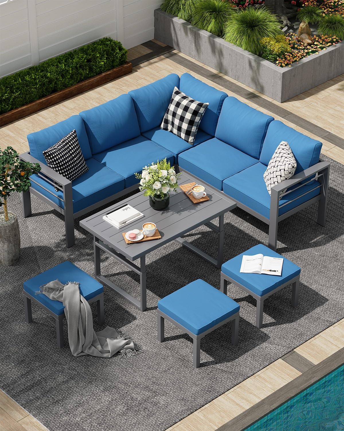 AECOJOY Aluminum Patio Furniture Set, 8 Seats Modern Outdoor Furniture with Adjustable Table, 7 Pieces Metal Conversation Sectional Sofa, Blue