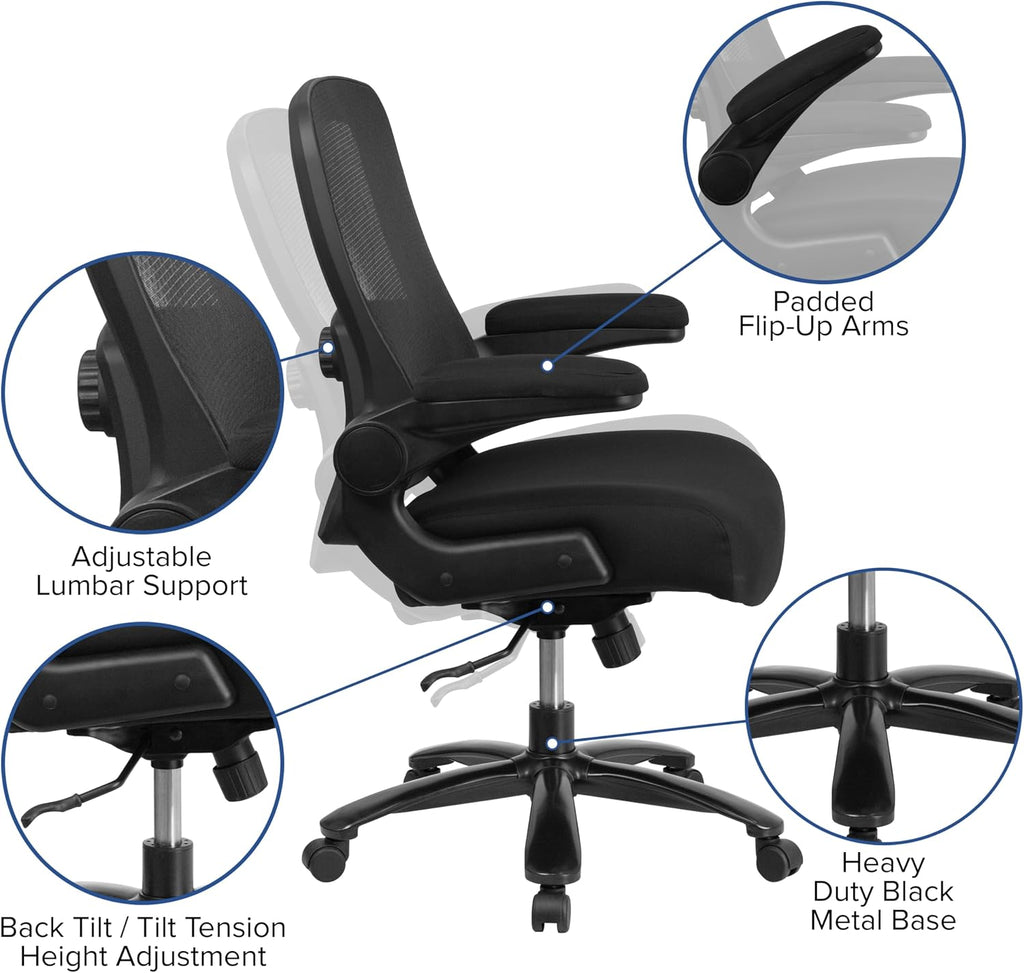 Flash Furniture Big & Tall Swivel Office and Gaming Chair with Lumbar and Back Support, Ergonomic Mesh Office Chair with Flip-Up Armrests and Adjustable Height, Black