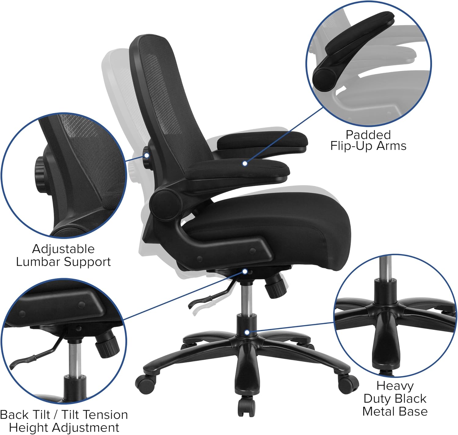 Flash Furniture Big & Tall Swivel Office and Gaming Chair with Lumbar and Back Support, Ergonomic Mesh Office Chair with Flip-Up Armrests and Adjustable Height, Black
