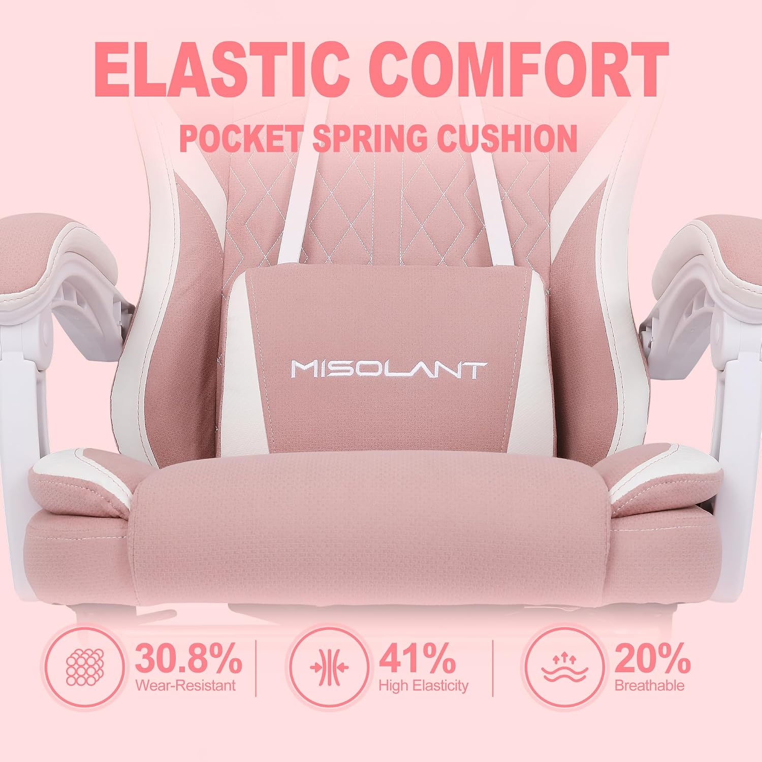 Misolant Gaming Chair, Fabric Gamer Chair with footrest for Adults, High Back Ergonomic Computer Game Chair with Adjustable Headrest and Massage Lumbar Support, 90-155° Recline Free, Pink