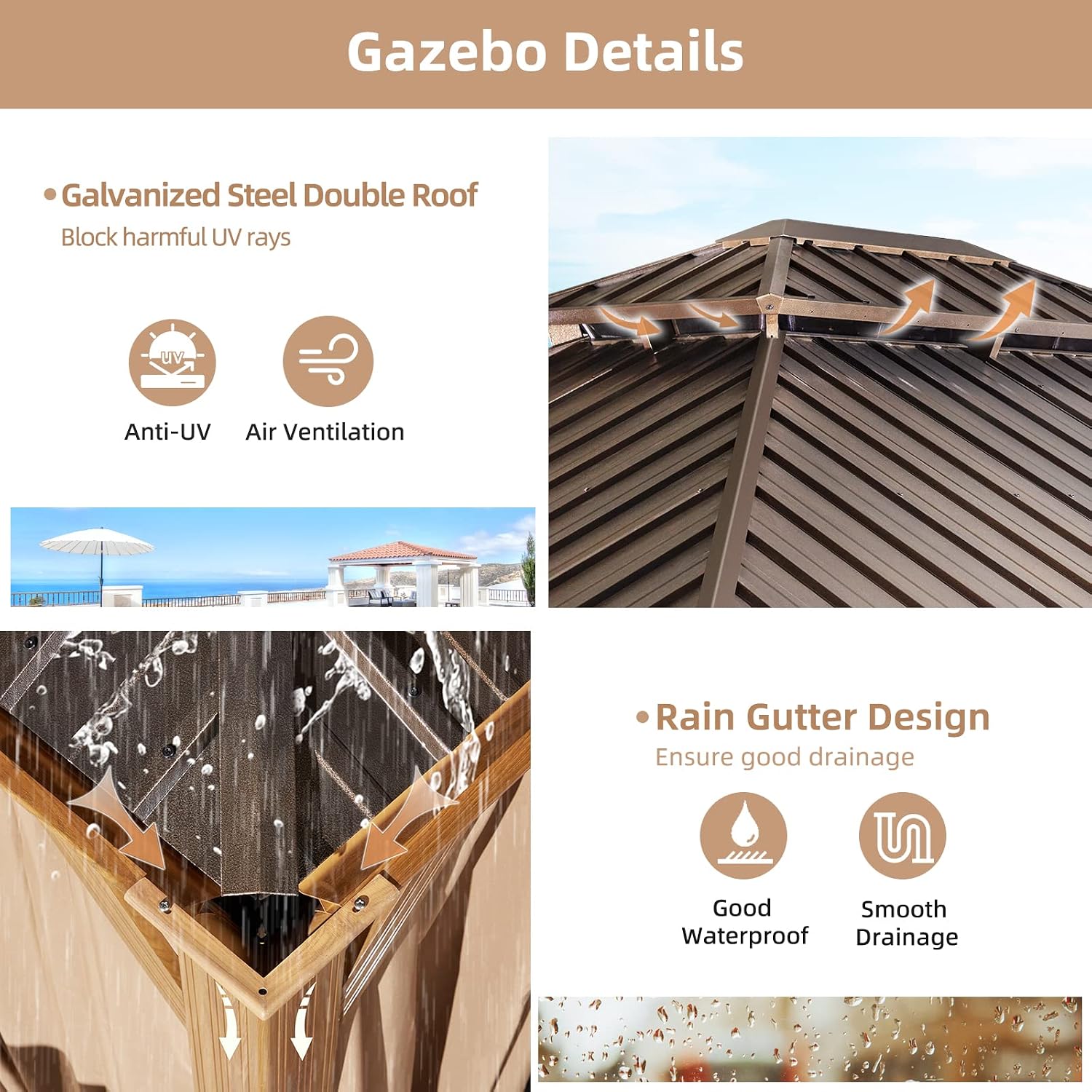 YOLENY 10' x 12' Hardtop Gazebo, Wood-Looking Gazebo with Galvanized Steel Double Roof, Aluminum Frame, Permanent Metal Pavilion with Netting and Curtains for Deck, Backyard, Patio and Lawns