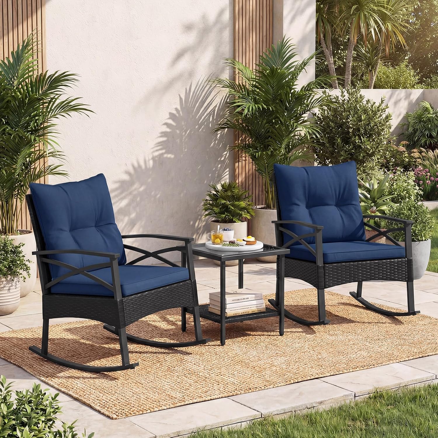 Tangkula 3 Pieces Outdoor Rocking Chairs Set, Rattan Heavy Duty Cushioned Rocker Chairs with 2-Tier Tempered Glass Coffee Table, for Garden, Balcony, Backyard (Black+Navy)